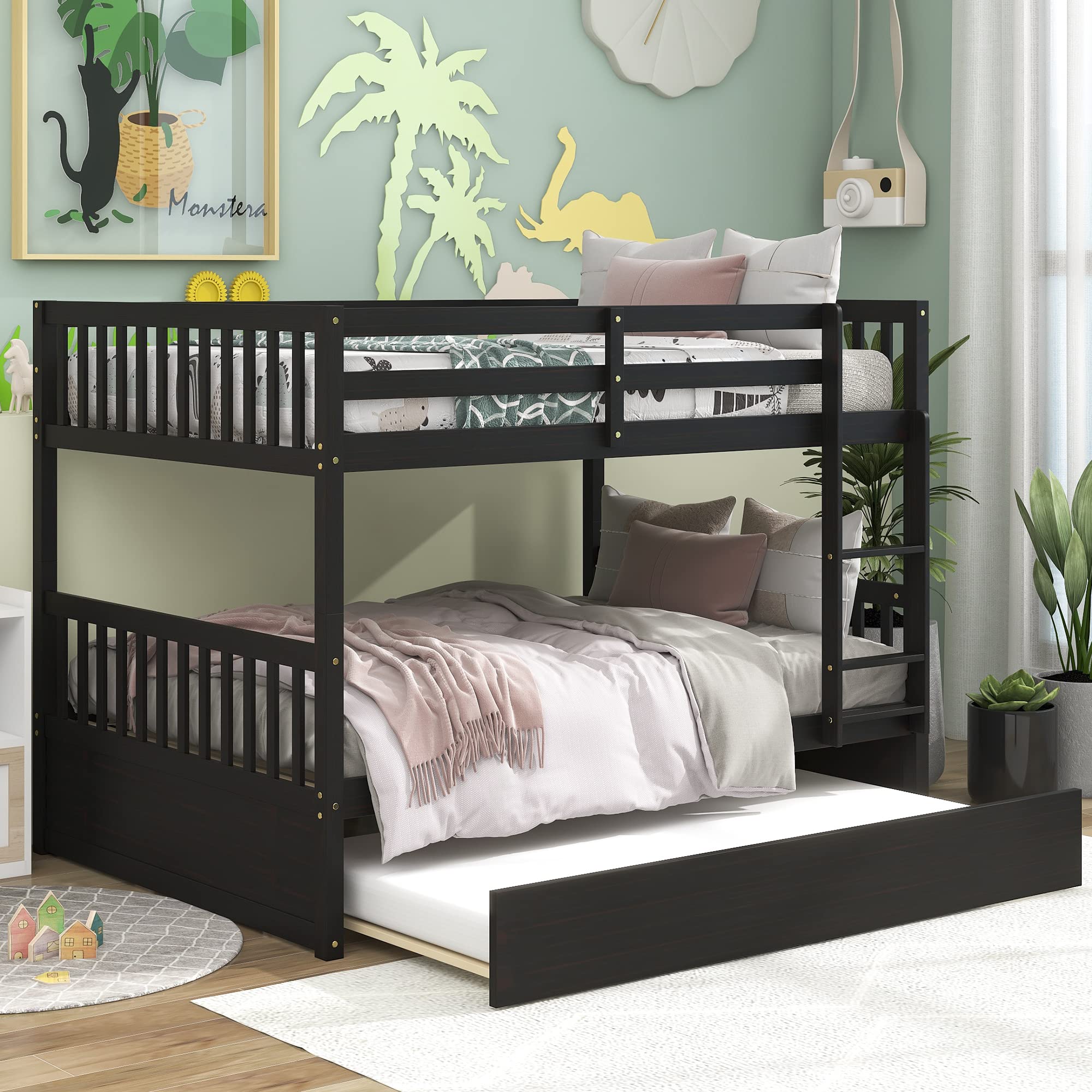 Convertible Full Over Full Bunk Bed with Trundle - Wooden Twin Bunk Bed for Kids, Teens & Adults - Separates into 2 Individual Beds - Espresso Finish - Perfect for Small Bedrooms, Guest Rooms & Vacation Homes