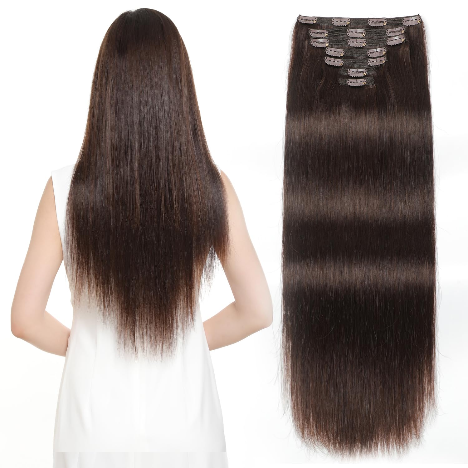 22 Inch 170g 7pcs Sisily Clip-in Human Hair Extensions - Real Remy Human Hair, Dark Brown Straight Double Weft for Volume & Length - Perfect for Parties, Weddings & Daily Styling