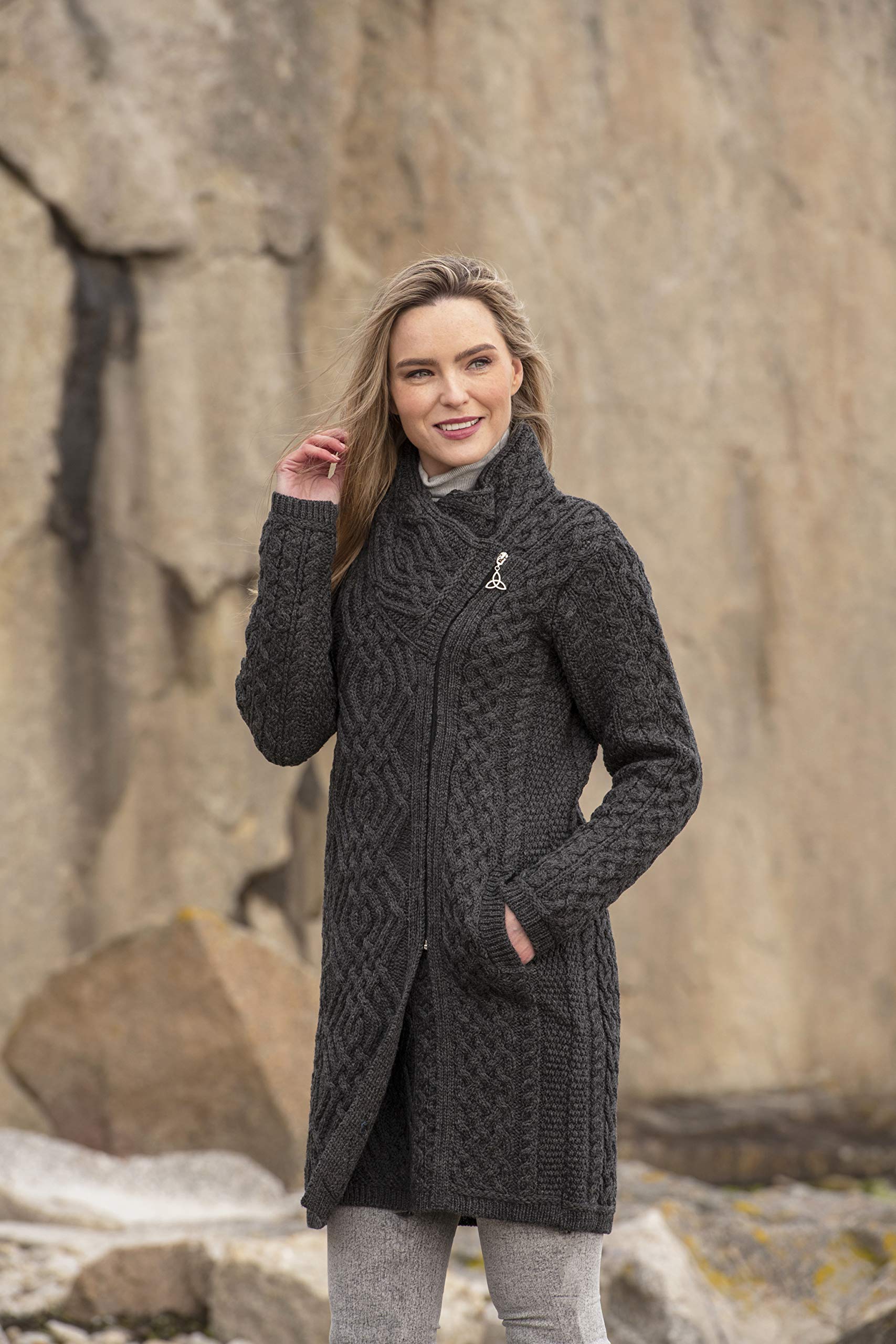 Aran Crafts Women's Irish Soft Cable Knit Side Zip Coat - 100% Merino Wool Winter Jacket for Women | Warm & Stylish Outerwear for Cold Weather, Travel & Outdoor Activities