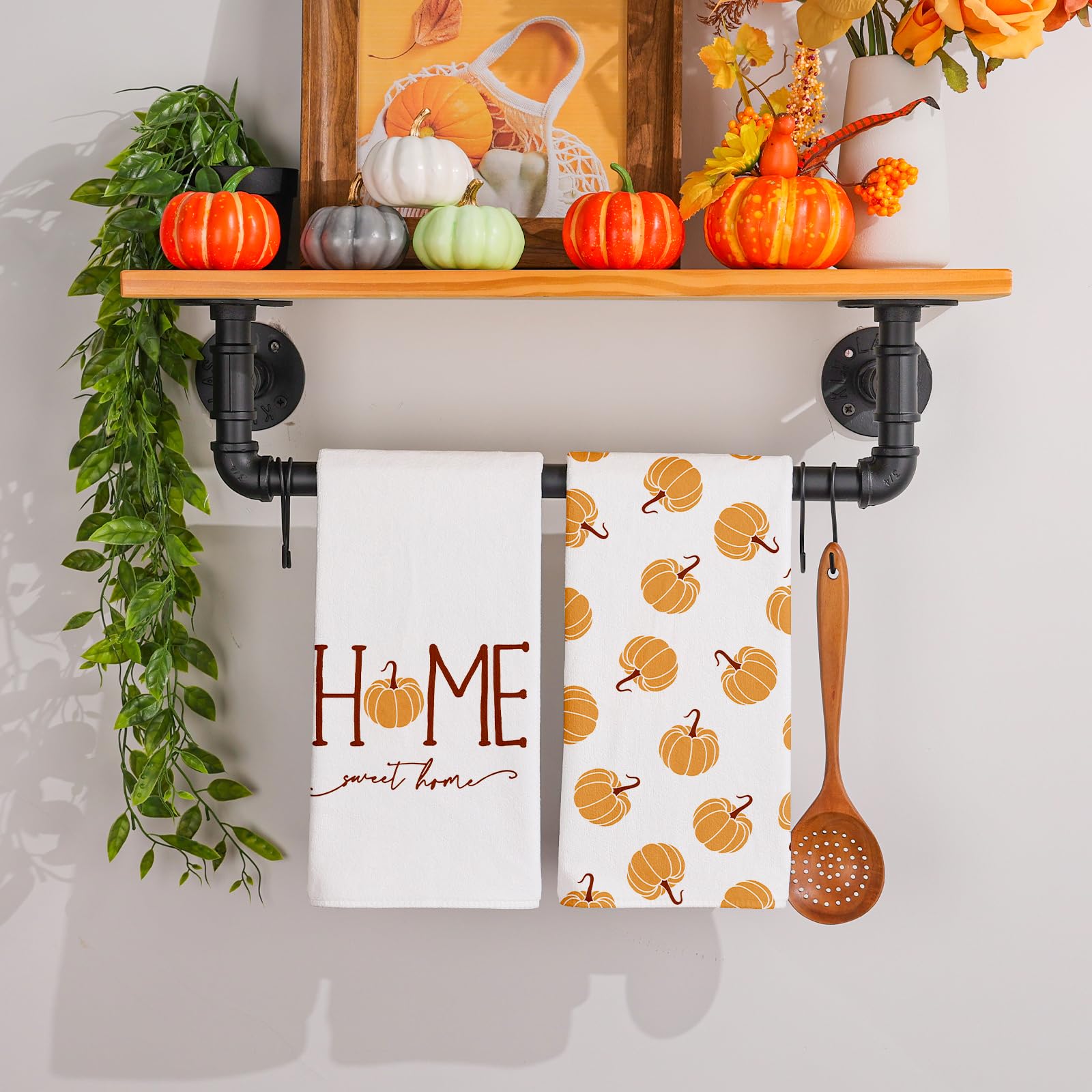Premium Fall Kitchen Towels Set of 2 - 18x26 Inch Absorbent Pumpkin Print Dish Towels for Thanksgiving & Autumn Home Decor - Perfect for Seasonal Cooking, Hosting & Cozy Farmhouse Kitchen Decorations