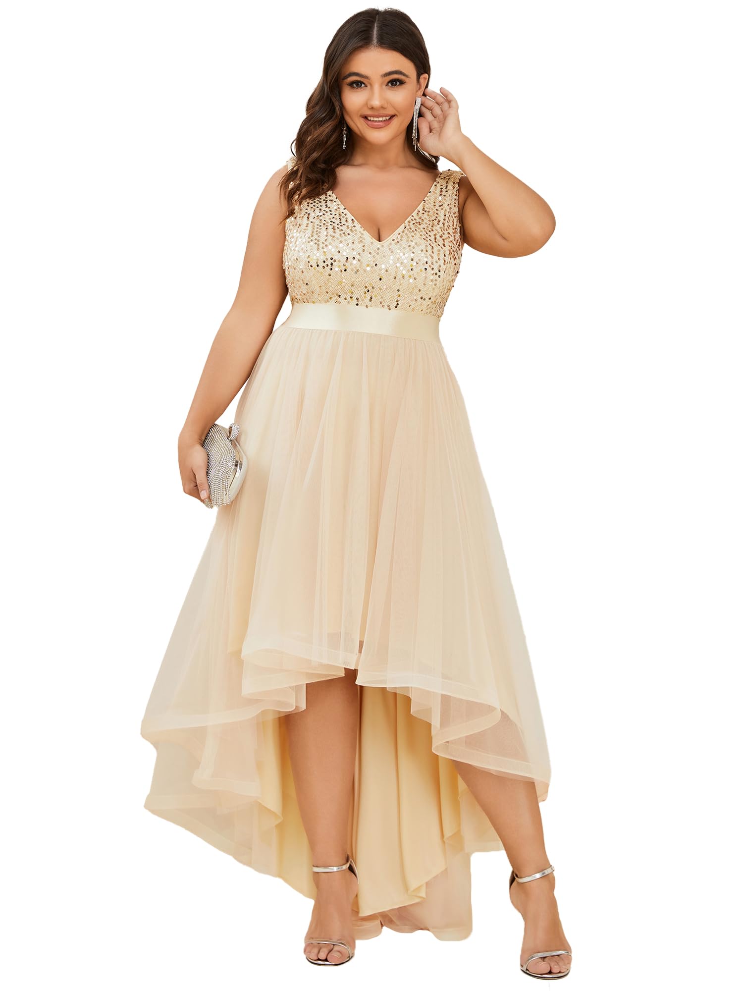 Ever-Pretty Women's Double V-Neck A-Line High-Low Sequin Tulle Plus Size Formal Dress for Curvy Women 0147A-DA | Elegant Evening Gown for Prom, Wedding Guest, Cocktail Party & Special Occasions