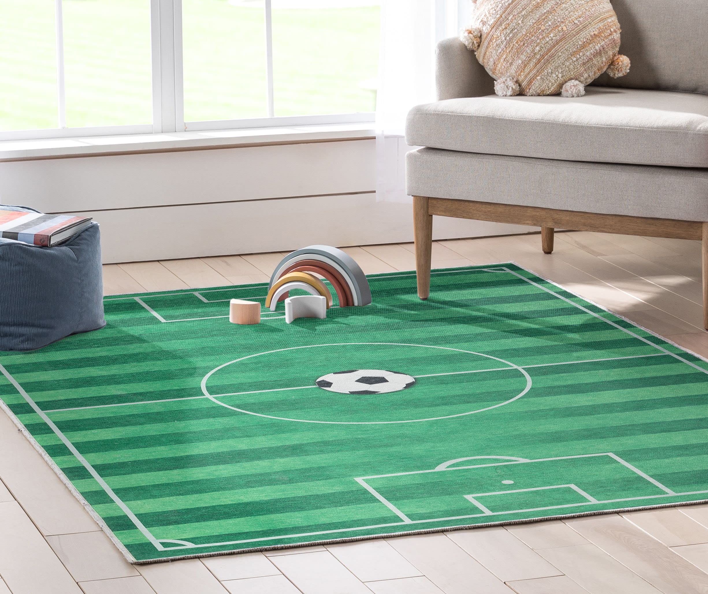 Well Woven Soccer Field Rug Playmat 6' x 9' - Apollo Kids Collection - Non-Slip Nursery Rug for Boys Room, Playroom & Game Room Decor - Perfect for Indoor Soccer Practice & Kids Play Area