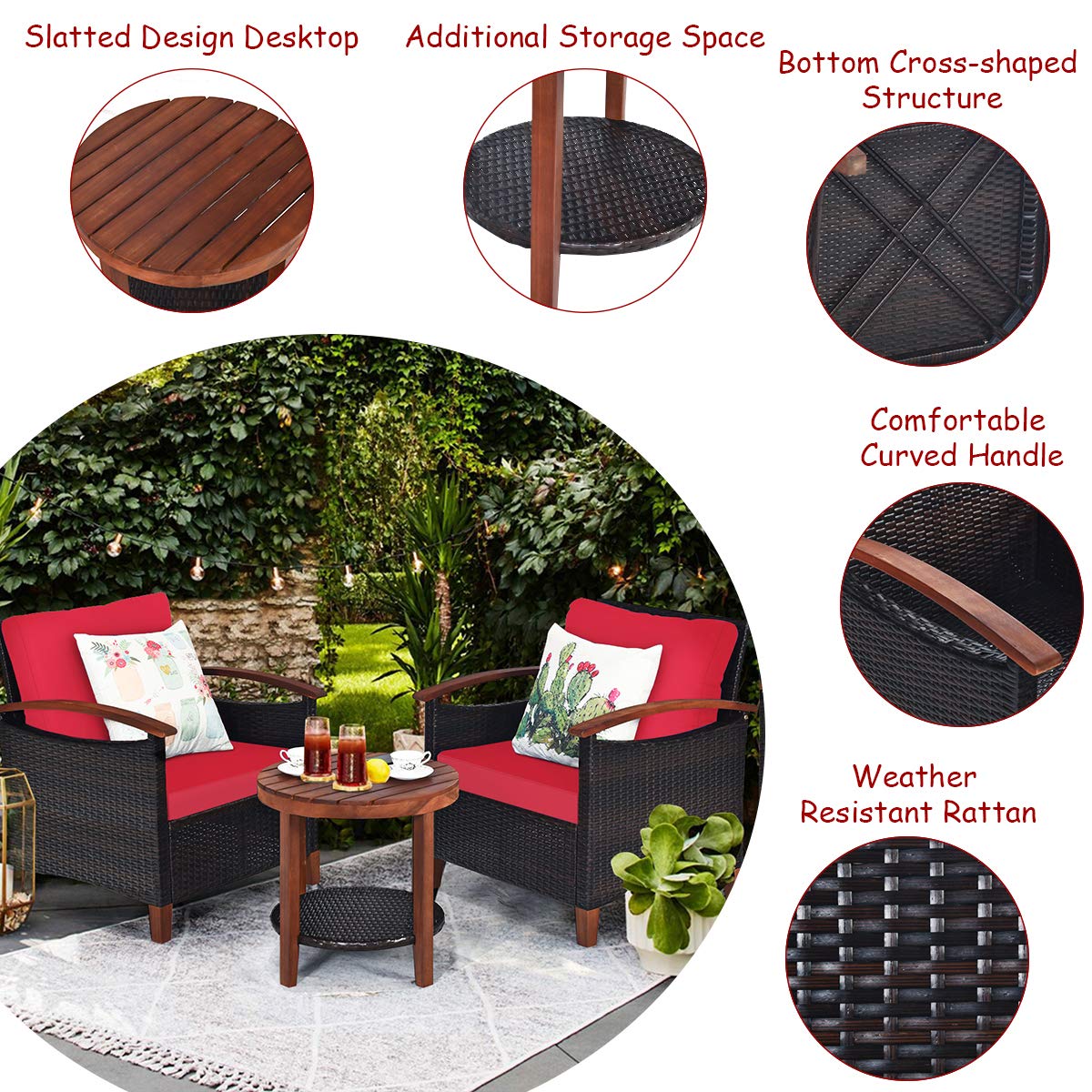 Tangkula 3-Piece Outdoor Patio Furniture Set - Rattan Sofa & Side Table with Solid Acacia Wood Frame, Heavy Duty Conversation Bistro Set with Washable Removable Cushions (Red) - Perfect for Garden, Backyard, Balcony and Poolside Relaxation