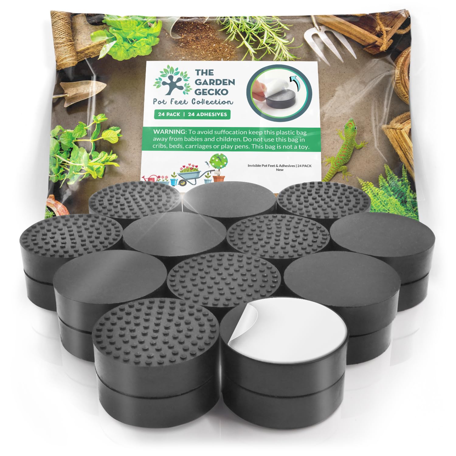 24 Pack Invisible Pot Feet for Outdoor Planters & Flower Pots - Solid Rubber Pot Risers with Non-Slip Grip + 24 Self-Adhesive Pads | Pebble Black | Perfect for Patio, Deck & Garden Drainage