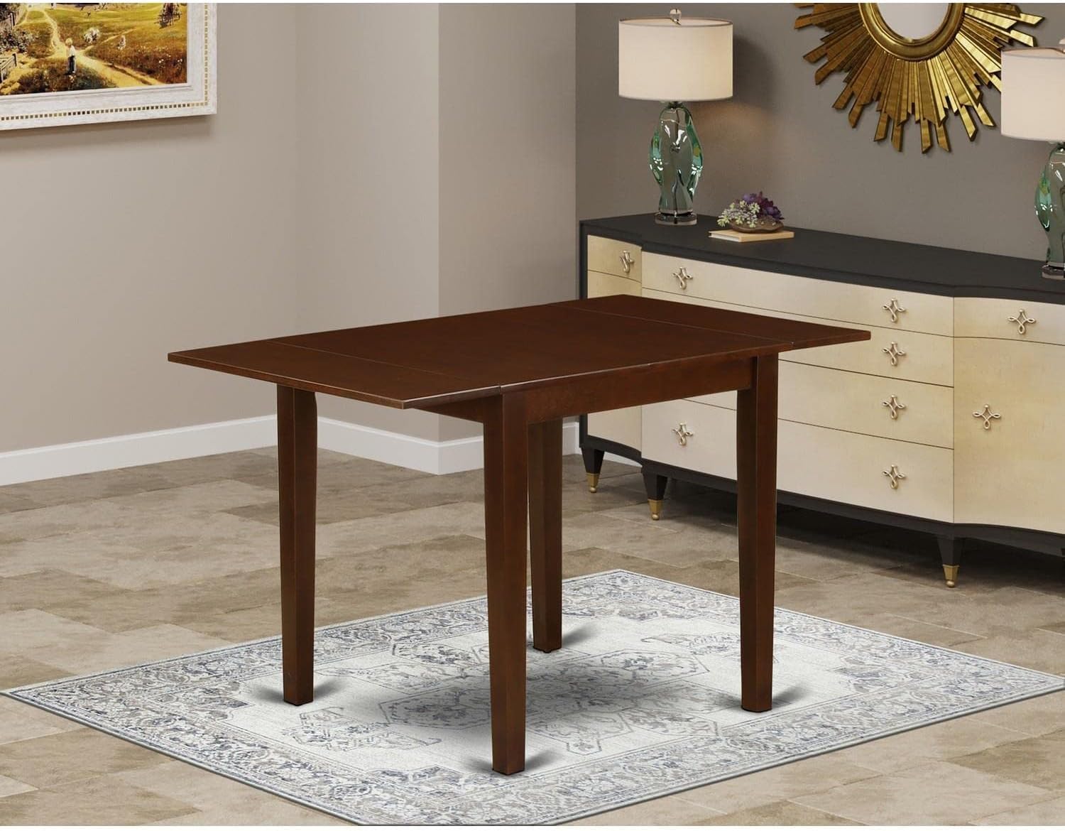 East West Furniture NDT-MAH-T Norden Expandable Kitchen Dining Table - 30x48 Inch Mahogany Drop Leaf Table with Stylish Legs for Small Spaces, Breakfast Nook & Apartment Living