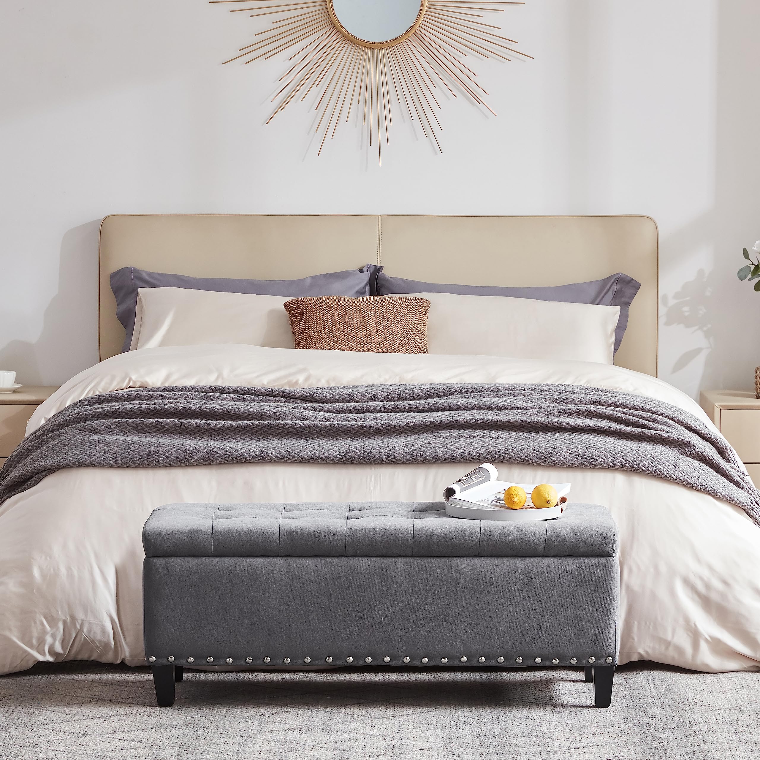 HUIMO 41-inch Upholstered Fabric Storage Ottoman Bench with Safety Hinge - Button-Tufted Design, Grey - Multi-Functional Footrest & Seat for Bedroom, Living Room, Entryway - Perfect as Bed End Bench, Coffee Table Alternative & Extra Storage Solution