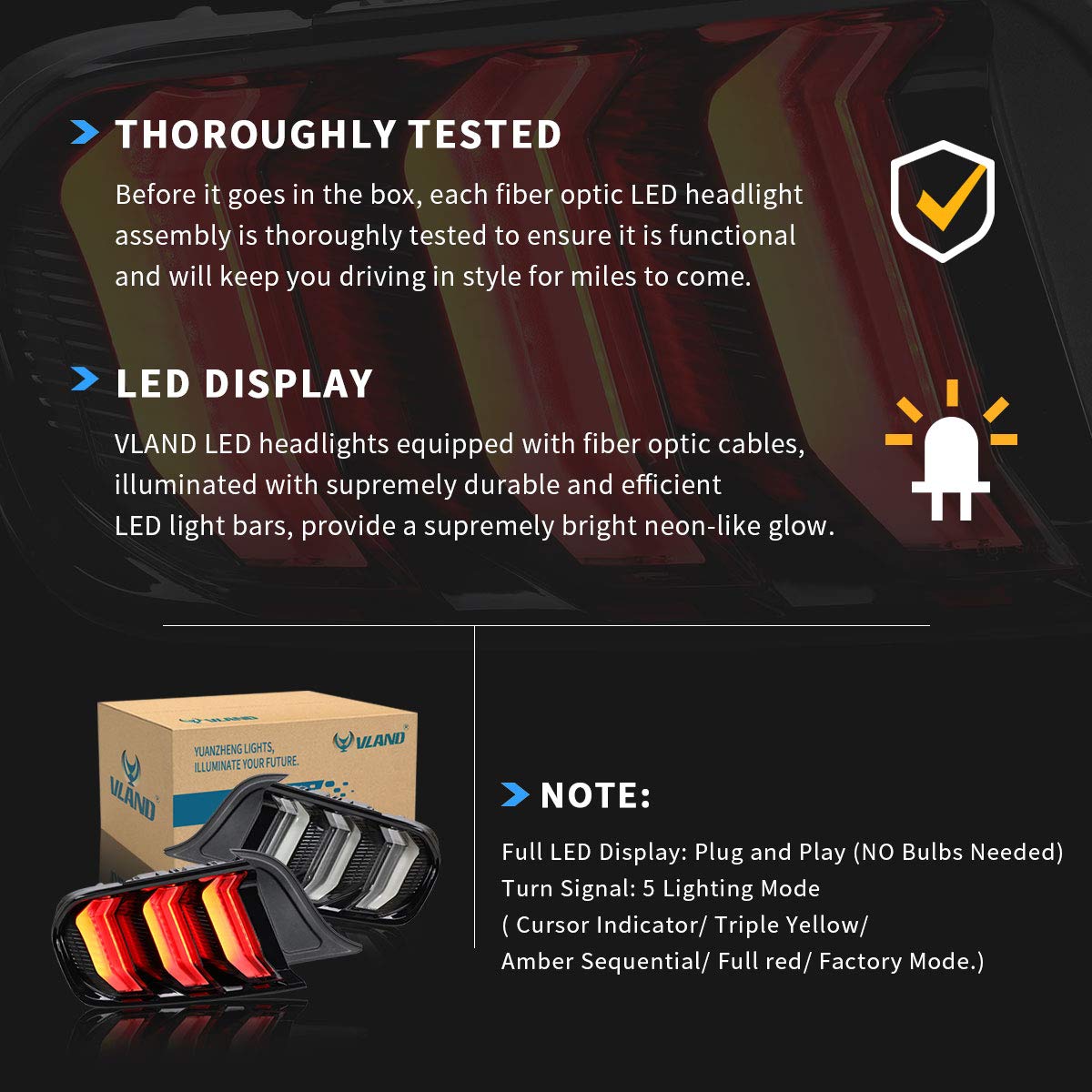VLAND LED Tail Lights for Ford Mustang 2015-2020 - Sequential Amber/Red Turn Signals, 5 Lighting Modes, Clear Lens (Pair for Driver & Passenger Sides) - Upgrade Your Mustang's Style & Safety for Night Driving & Car Shows