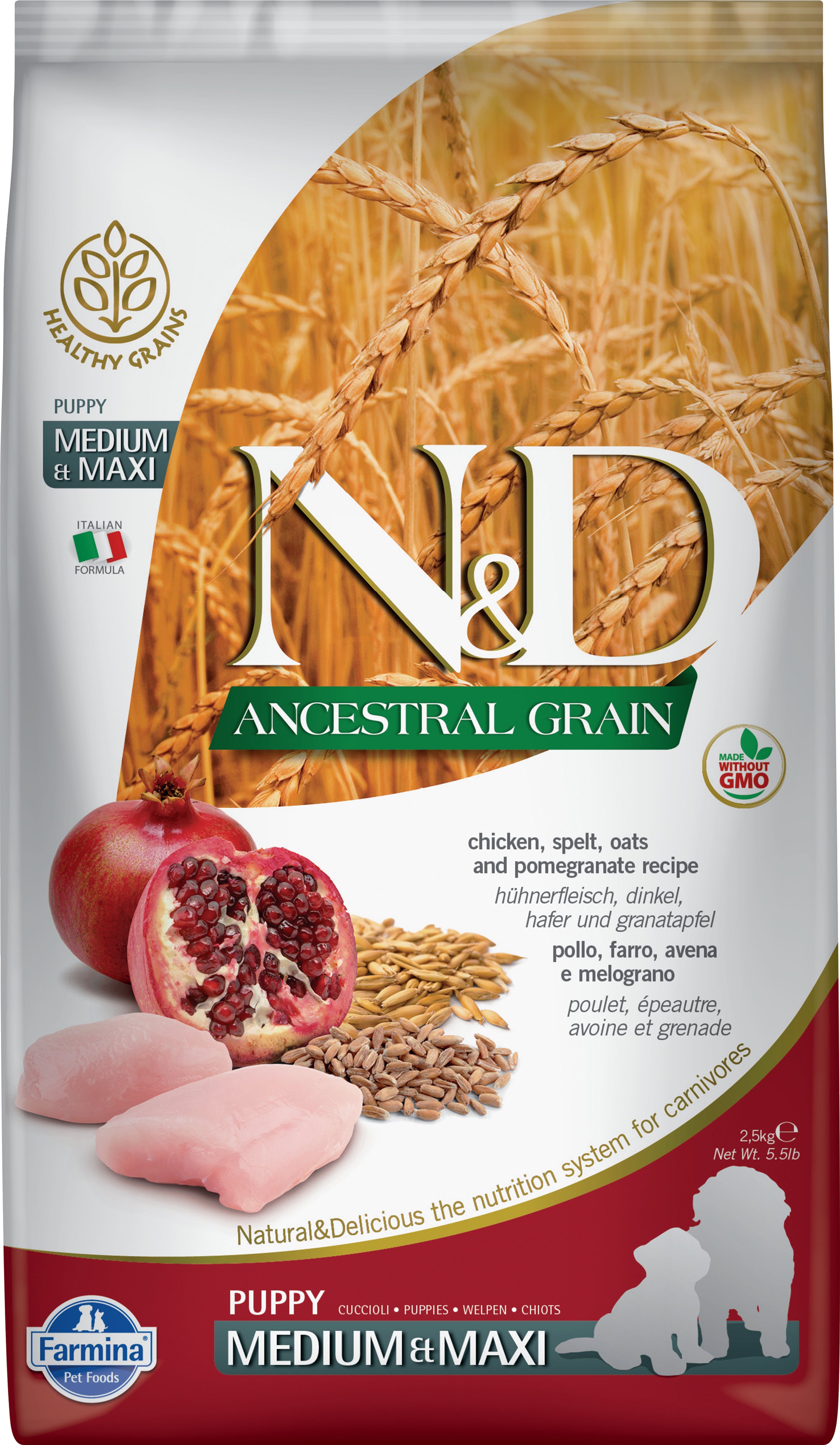 Farmina N&D Ancestral Grain Dry Dog Food - Chicken & Pomegranate Recipe for Medium/Large Breed Puppies | High Protein Natural Nutrition for Growing Dogs | Perfect for Active Puppies & Training Rewards