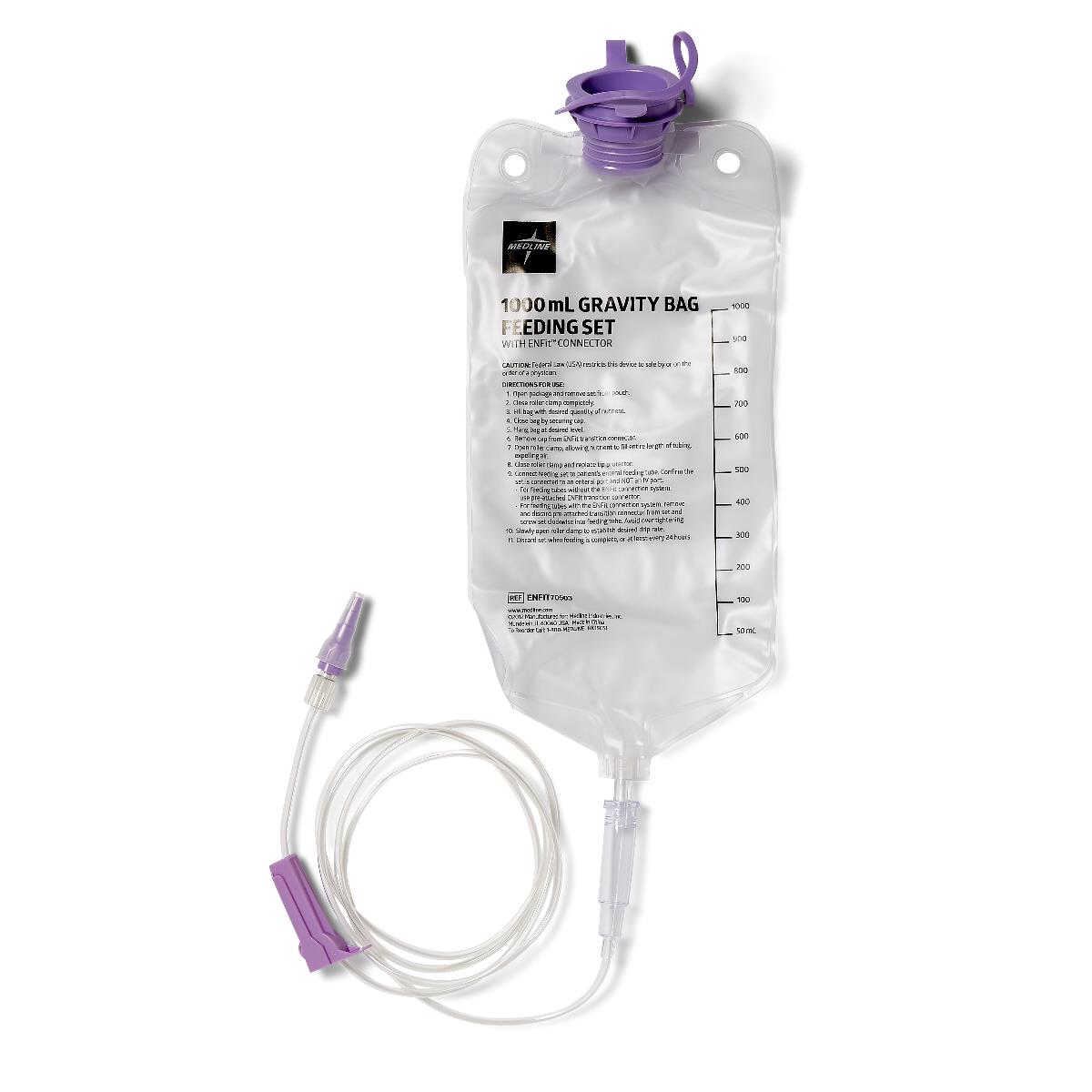 Medline Gravity Feeding Set - 1000mL IV Bag with Tubing for Enteral Nutrition - Ideal for Hospital, Home Care & Medical Use