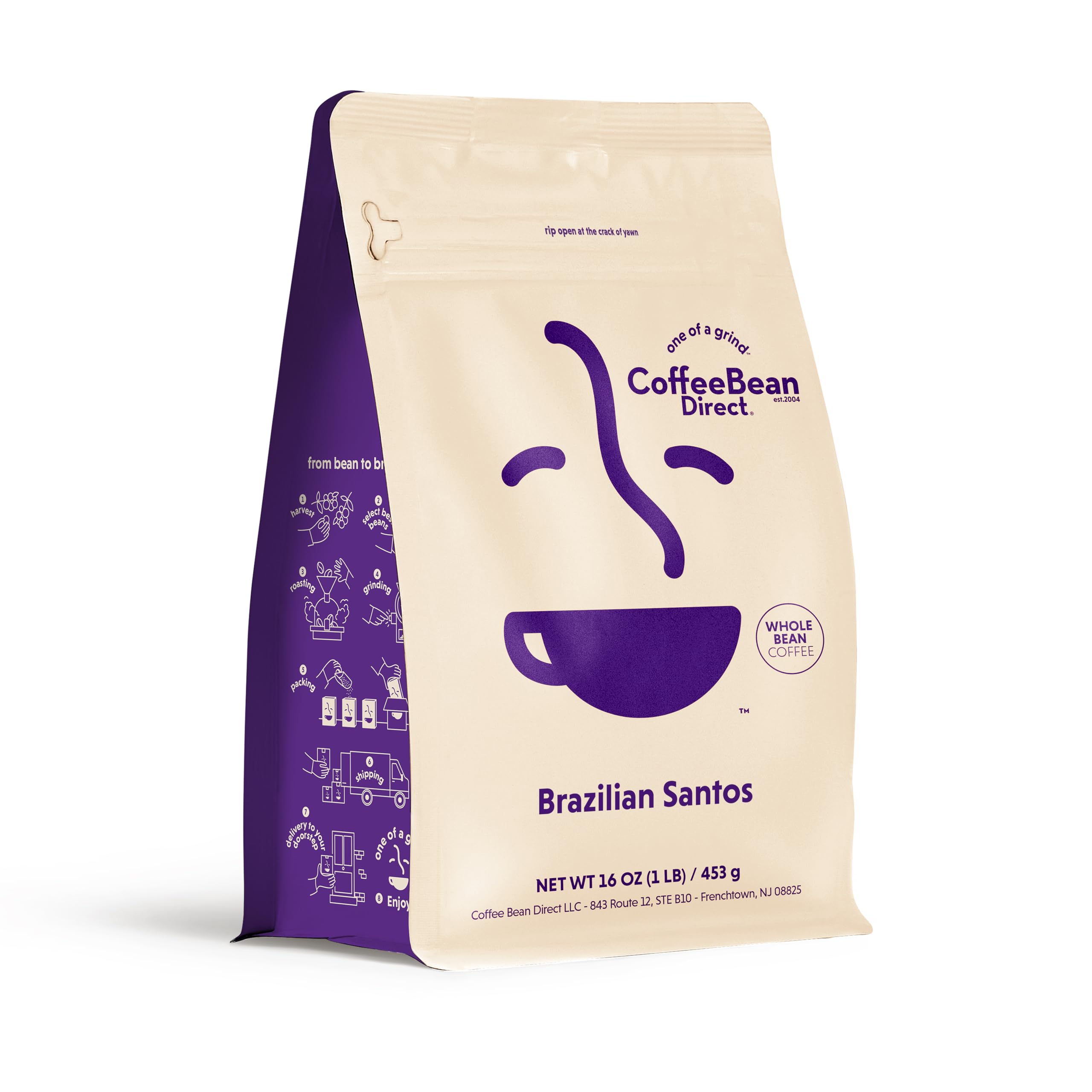 Premium Brazilian Santos Whole Bean Coffee - Light Roast, 1 Pound Bag (Pack of 1) | Fresh Gourmet Coffee Beans for Drip, French Press & Espresso | Perfect for Home Brewing, Office & Gifts