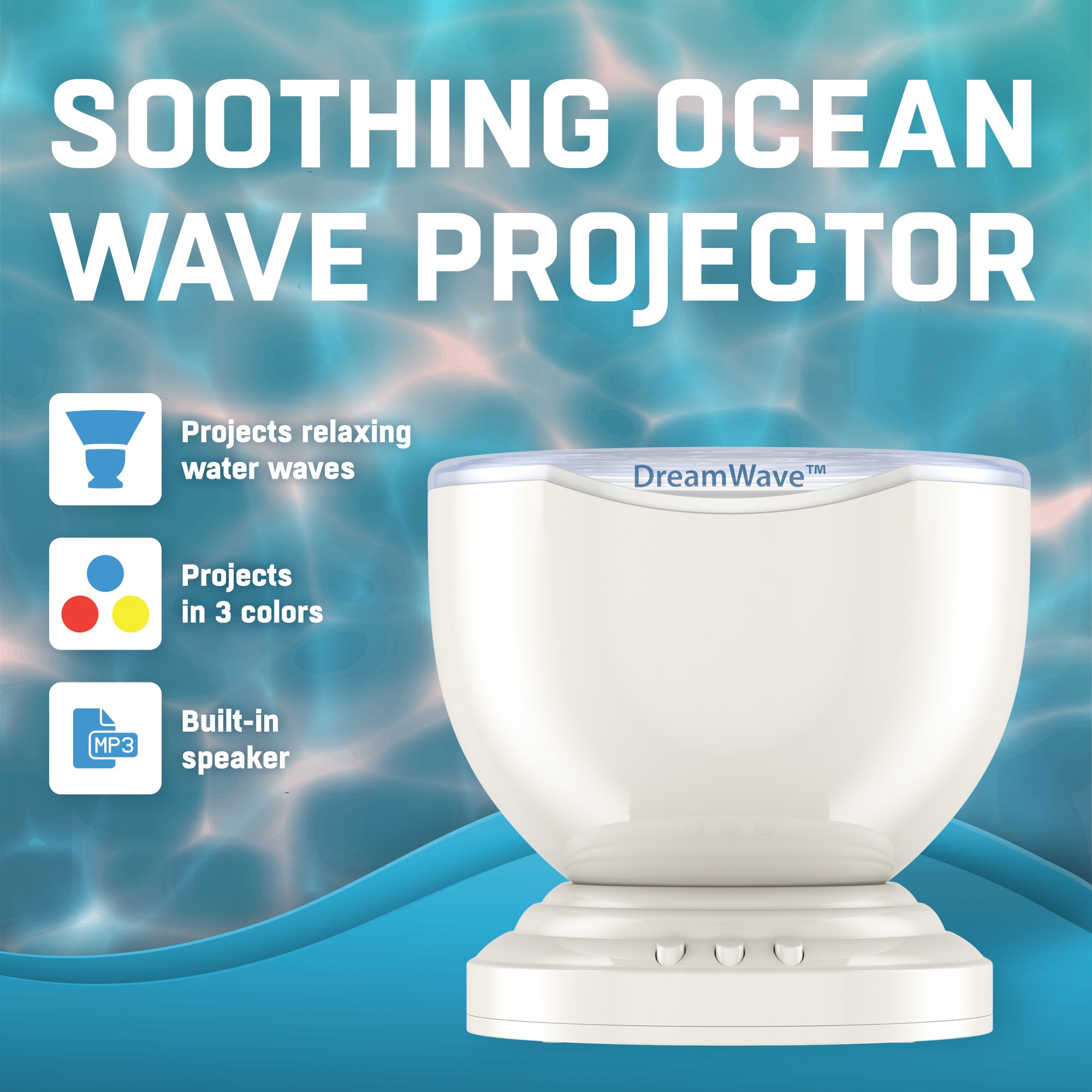 Soothing Ocean Wave Projector LED Night Light with Built-in Stereo Speakers - 12 LED Bulbs & 8 Color Options | Perfect for Baby Nursery, Bedroom Relaxation, Spa Ambience, and Meditation Rooms