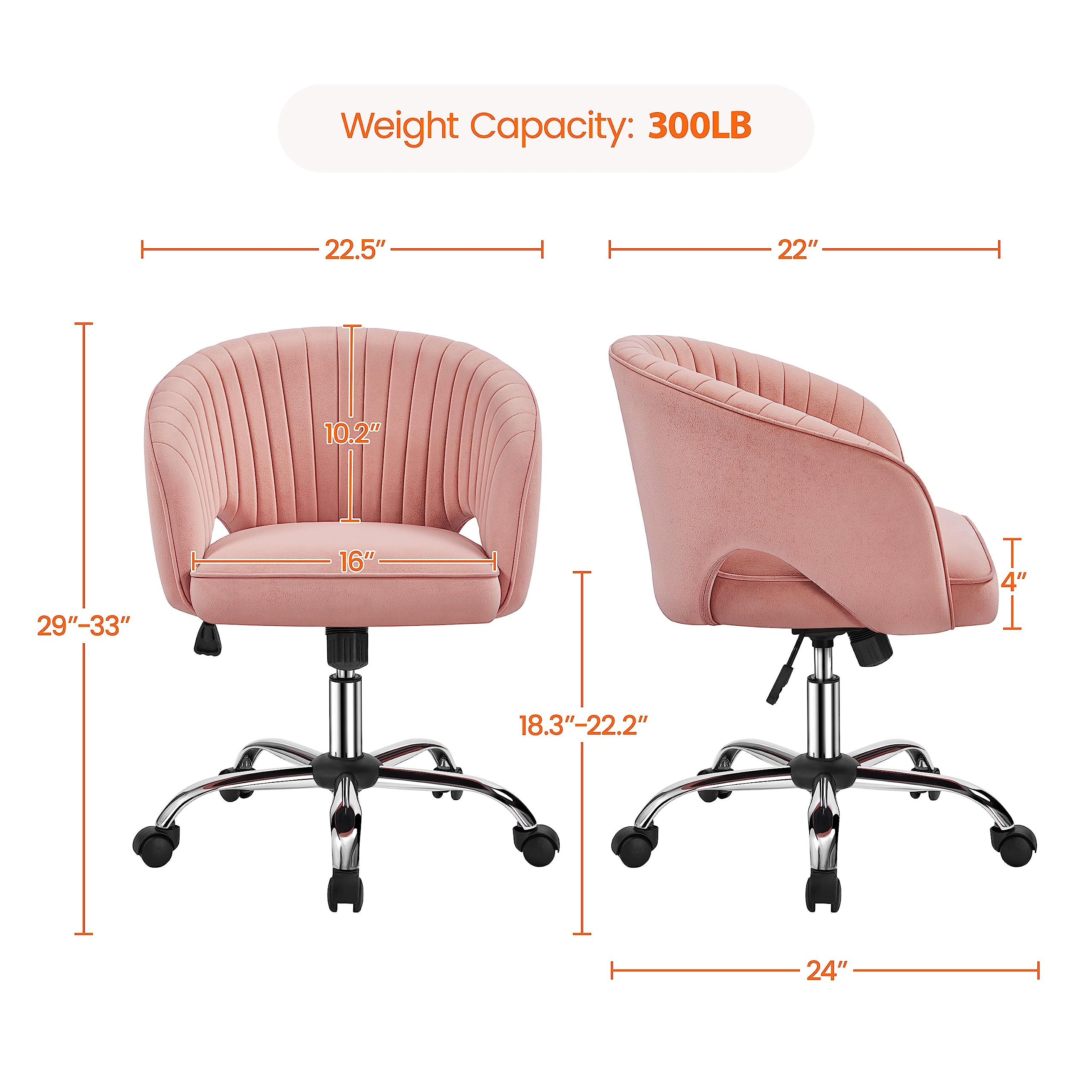 Yaheetech Pink Modern Swivel Rolling Desk Chair with Back - Ergonomic Home Office Chair, Vanity Chair for Study, Bedroom & Workspace - Comfortable Computer Chair for Women & Girls