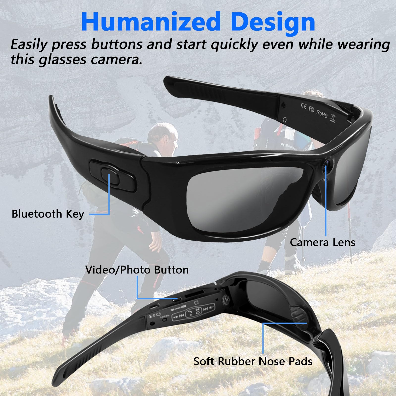 HD1080P Smart Camera Glasses with Bluetooth 5.0, UV400 Polarized Sunglasses & Built-in Earphones - Spy Glasses USB Webcam for Travel Vlogging, Outdoor Sports & Security Surveillance