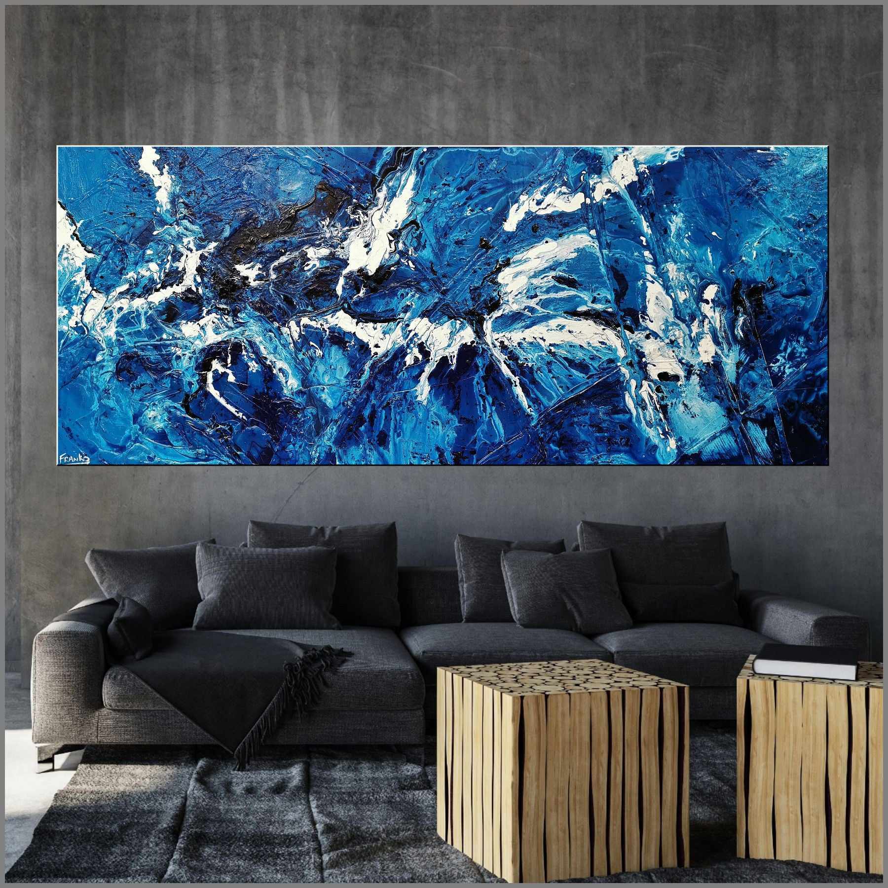 Molten Blue 240cm x 100cm Blue White Textured Abstract Canvas Art - Perfect for Modern Living Room & Office Wall Decor