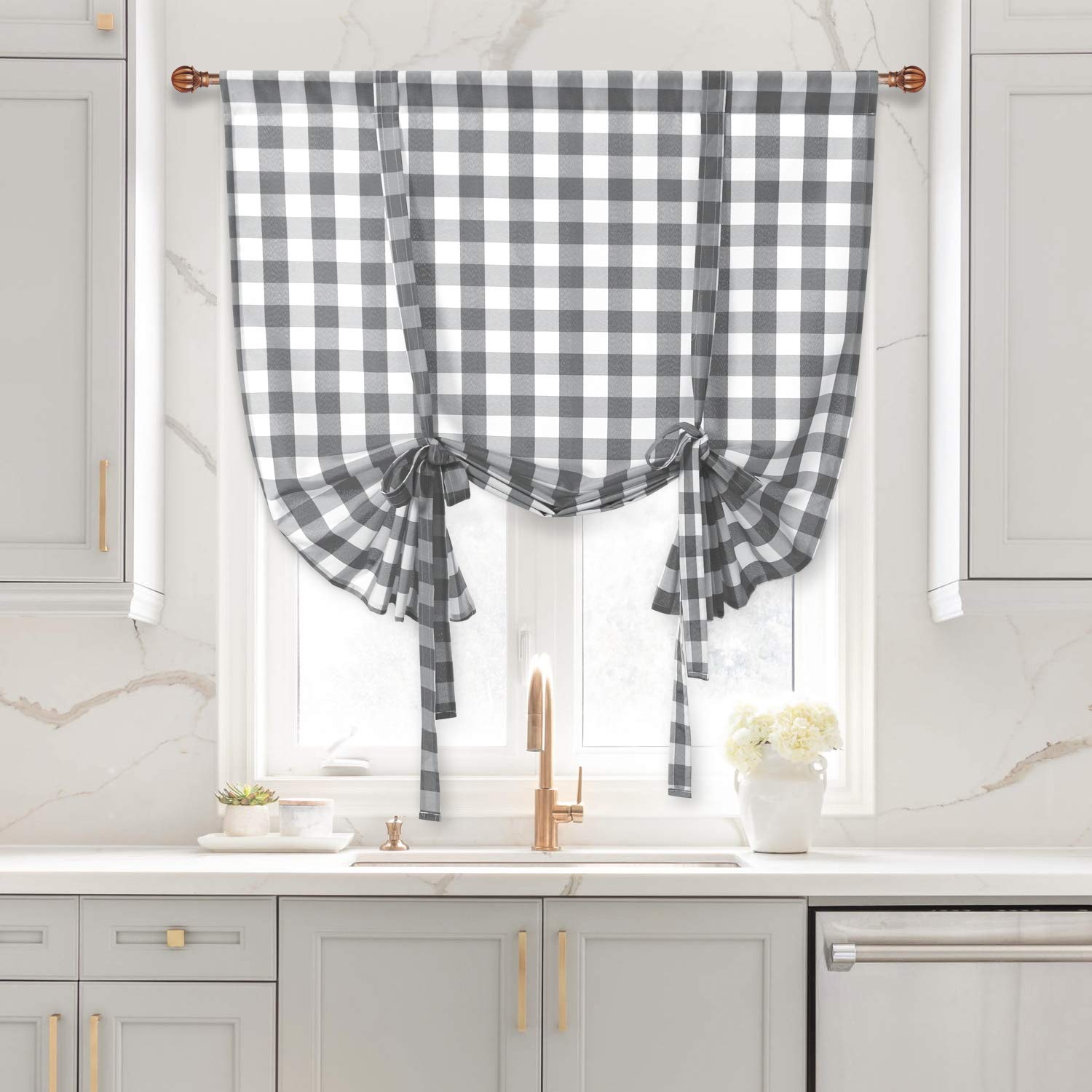 Buffalo Check Tie Up Kitchen Curtains 42 x 63 Inches - Semi Sheer Light Filtering Window Treatment for Small Windows (Rod Pocket, Grey & White, 1 Panel) - Perfect for Farmhouse, Cottage & Cozy Home Decor
