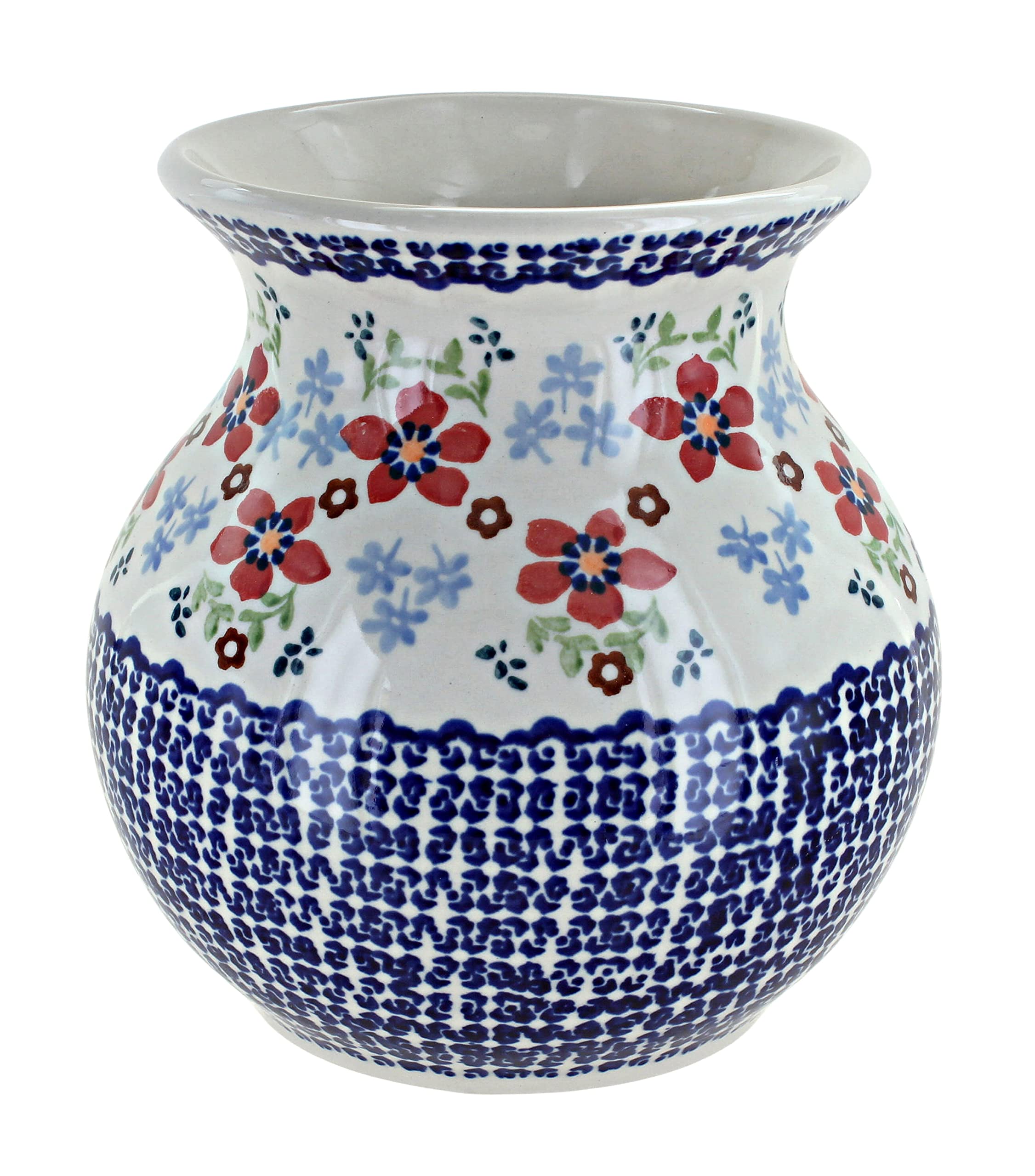 Handmade Blue Rose Polish Pottery Vase with Red Poppy Design - Elegant Floral Home Decor for Dining Table, Wedding Centerpiece & Gift Idea