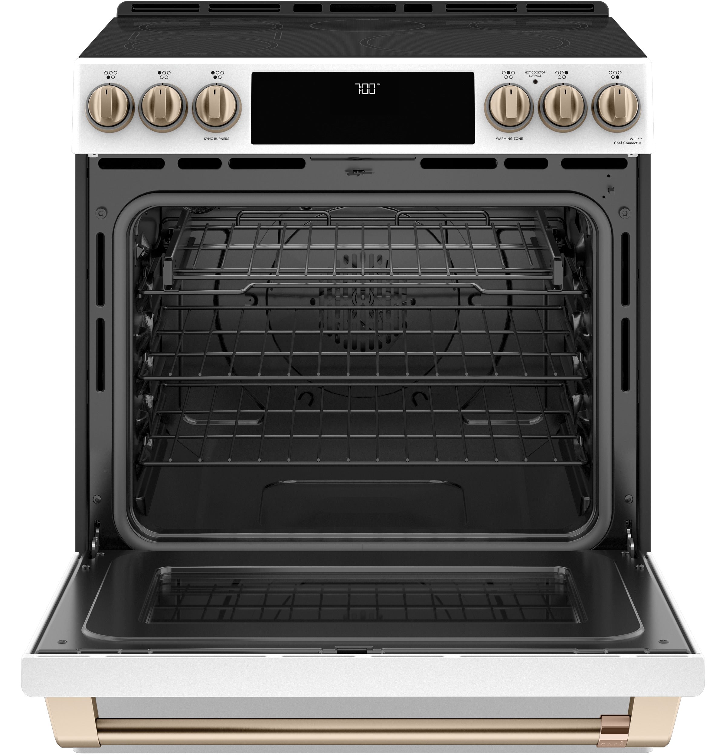 Café™ Matte White 30-Inch Slide-In Front Control Gas Range with Convection Oven, Air Fryer & Warming Drawer (5.7 Cu.Ft) - Perfect for Modern Kitchens & Family Cooking - CCES700P4MW2