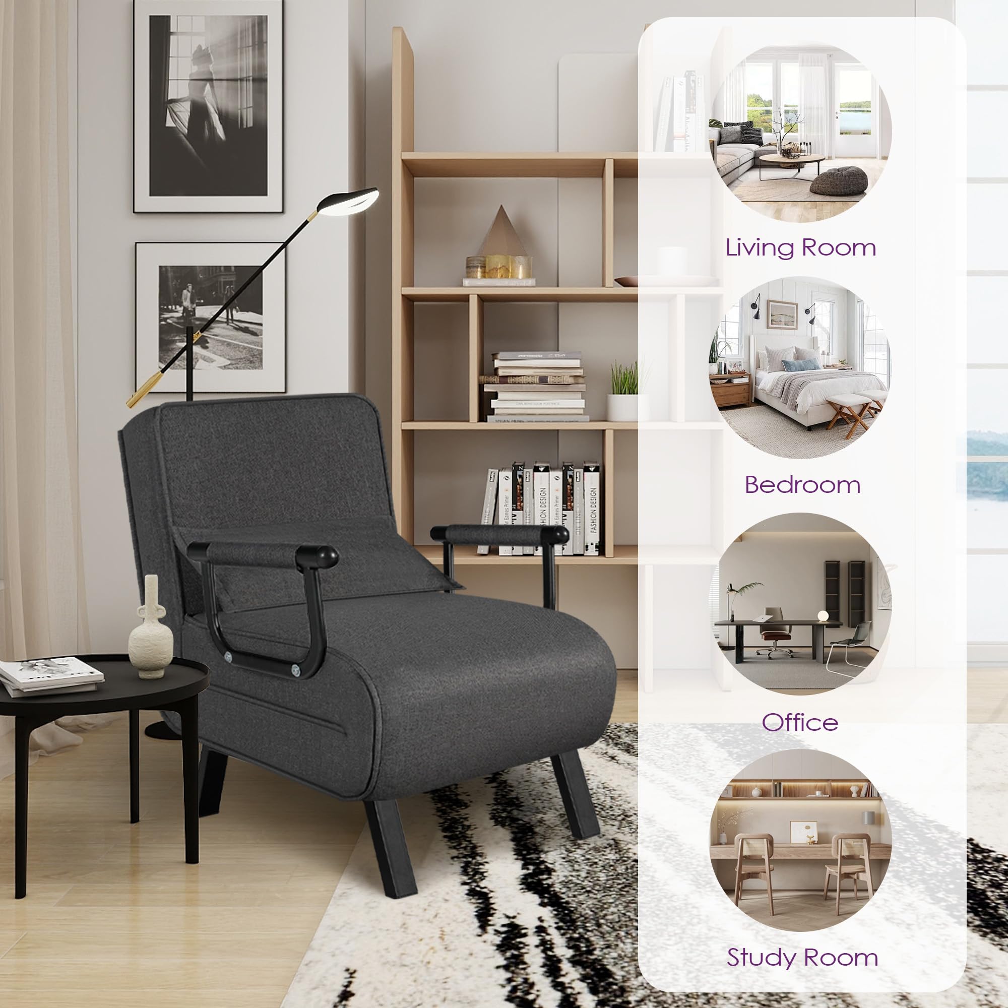 TYBOATLE 5-in-1 Convertible Sleeper Chair Bed for Adults - Adjustable 5-Position Backrest with Pillow - Foldable Sofa Bed for Small Spaces, Office, Living Room & Guest Room - Dark Grey Comfortable Sleeping Solution for Apartments, Dorms & Home Naps