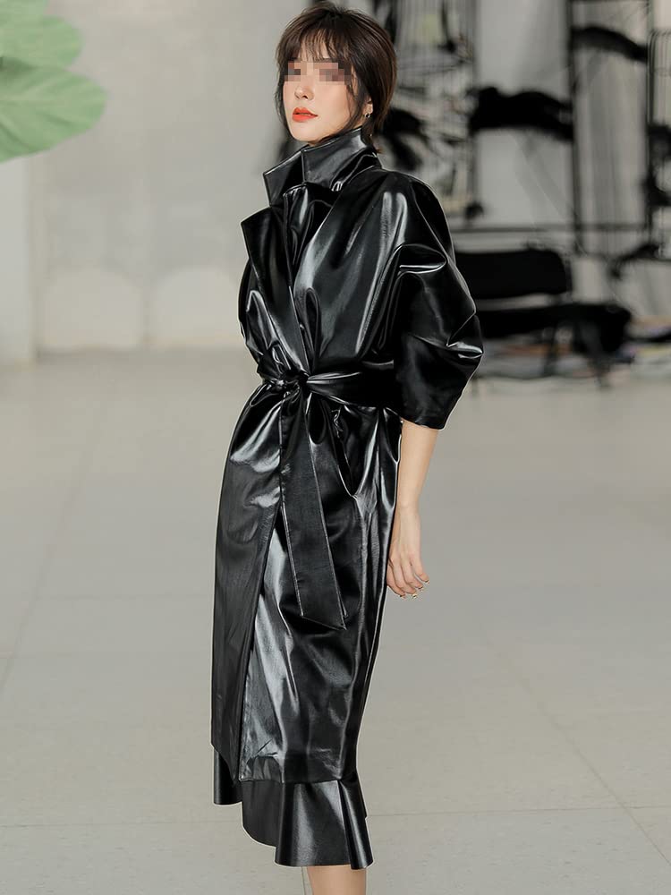 Women's Waterproof Shiny Patent Leather Trench Coat - Oversized Long Raincoat with Belt for Autumn & Spring | Korean Fashion Black Coat for Work, Dating & Outdoor Activities