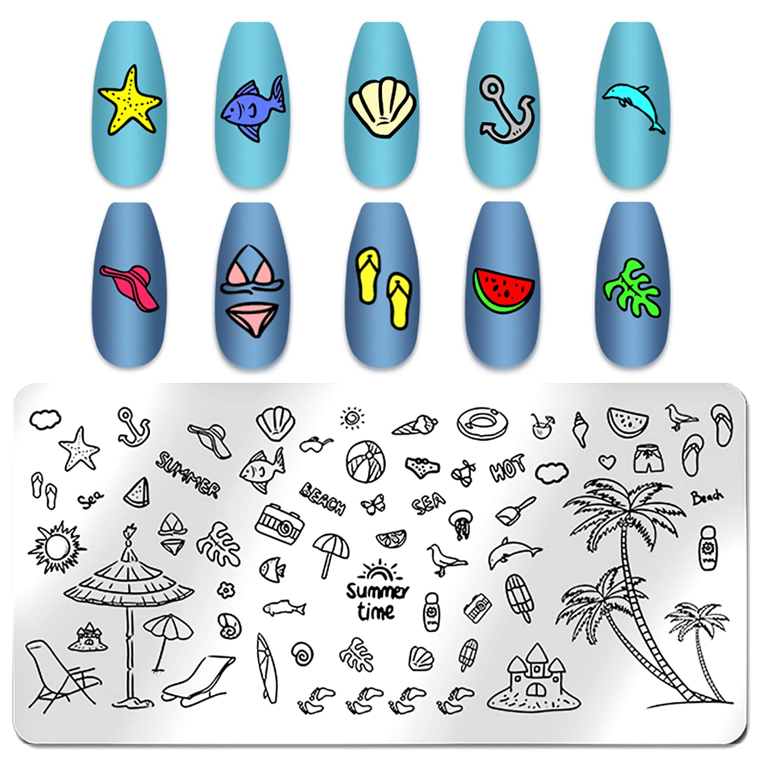 Beach Nail Stamping Kit - 6Pcs Summer Nail Art Plates for Vacation Designs | Palm Tree, Boat, Fish Patterns for Seaside Manicures