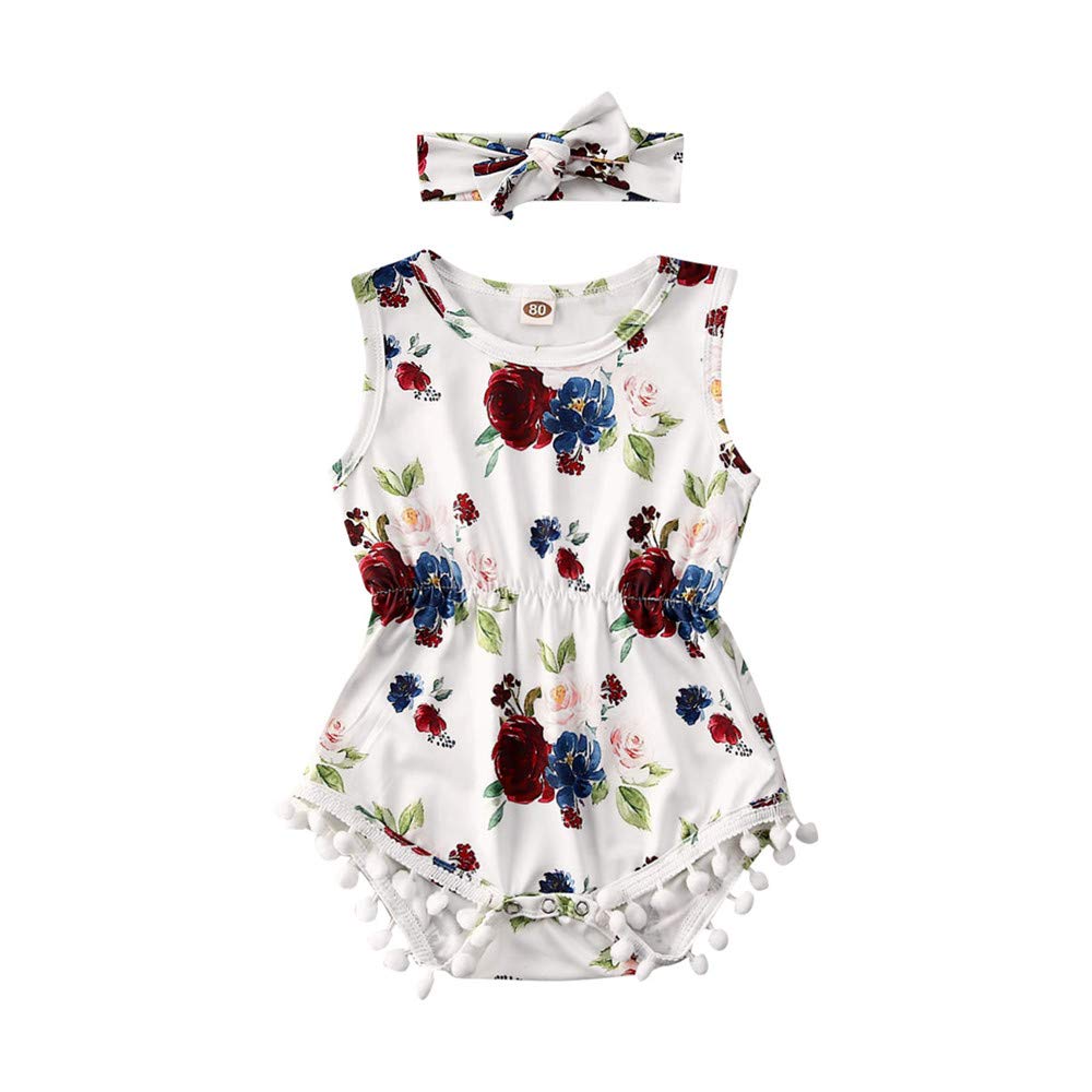 Newborn Baby Girl Summer Floral Romper Outfit - Sleeveless Jumpsuit with Tassel & Headband | Perfect for Photoshoots, Playdates & Special Occasions