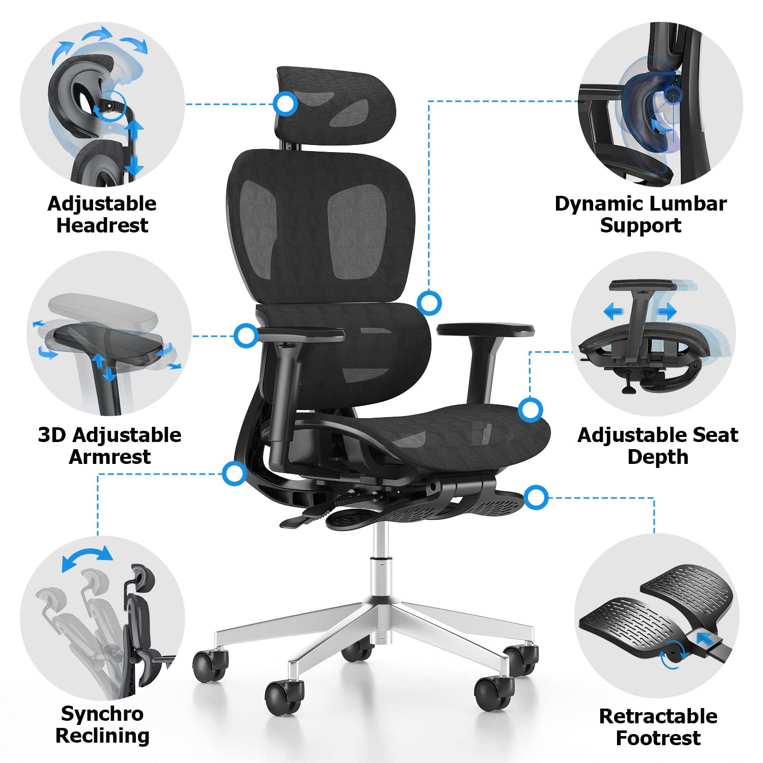 Ergonomic Mesh Office Chair with 3D Adjustable Armrests & Lumbar Support - High Back Computer Desk Chair with Wheels for Home Office - Breathable Black Mesh Task Chair for Long Hours Sitting & Back Pain Relief