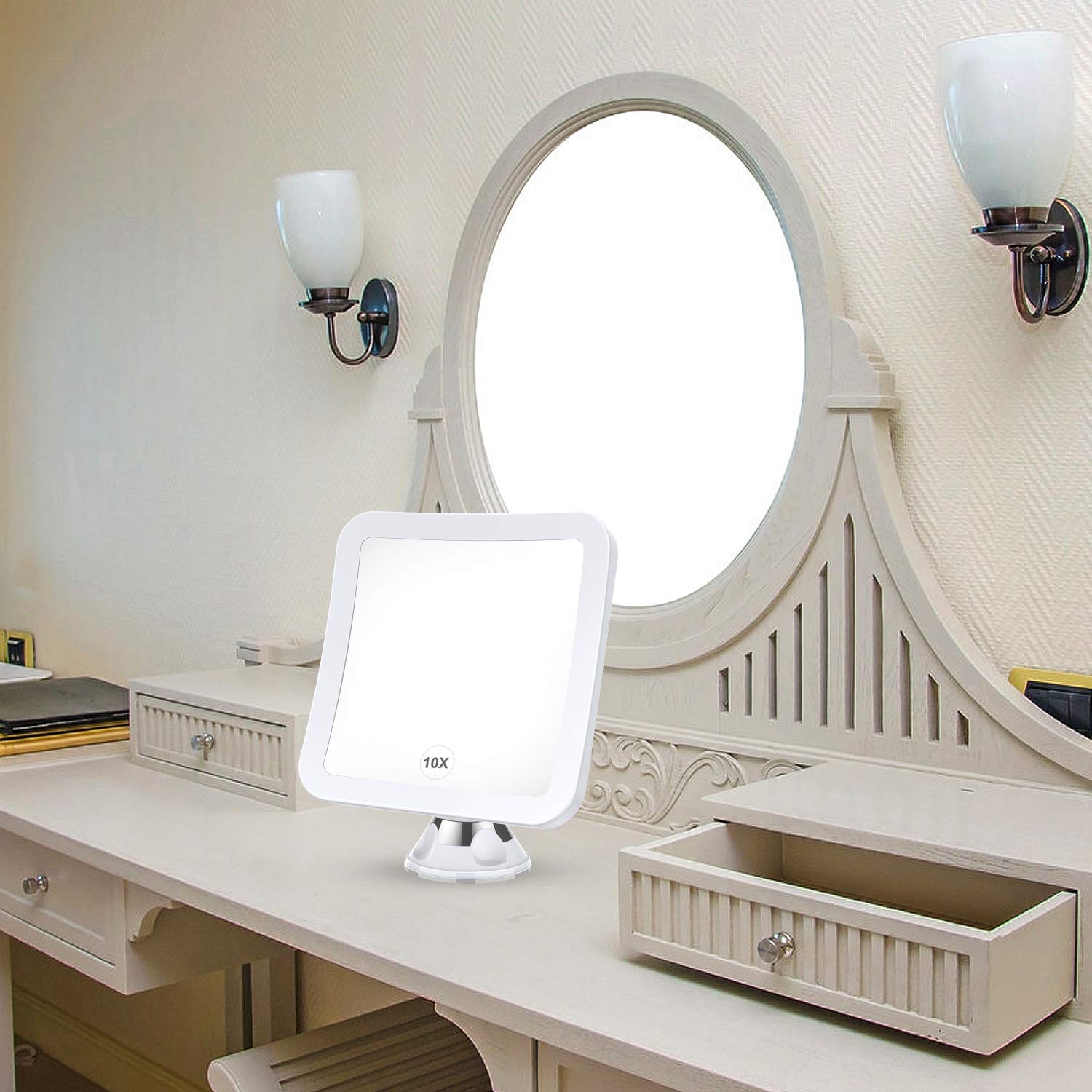 **10x Magnifying Makeup Mirror with Natural White LED Lights - 360° Swivel, Cordless & Portable - Locking Suction Base for Bathroom, Vanity, Travel & Shower Use (Medium Size)**