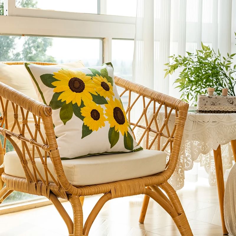 Sunflower Embroidered Cushion Cover - Boho Home Decor Pillow Case for Living Room, Bedroom, and Sofa - Perfect for Farmhouse, Aesthetic, and Cozy Home Styling