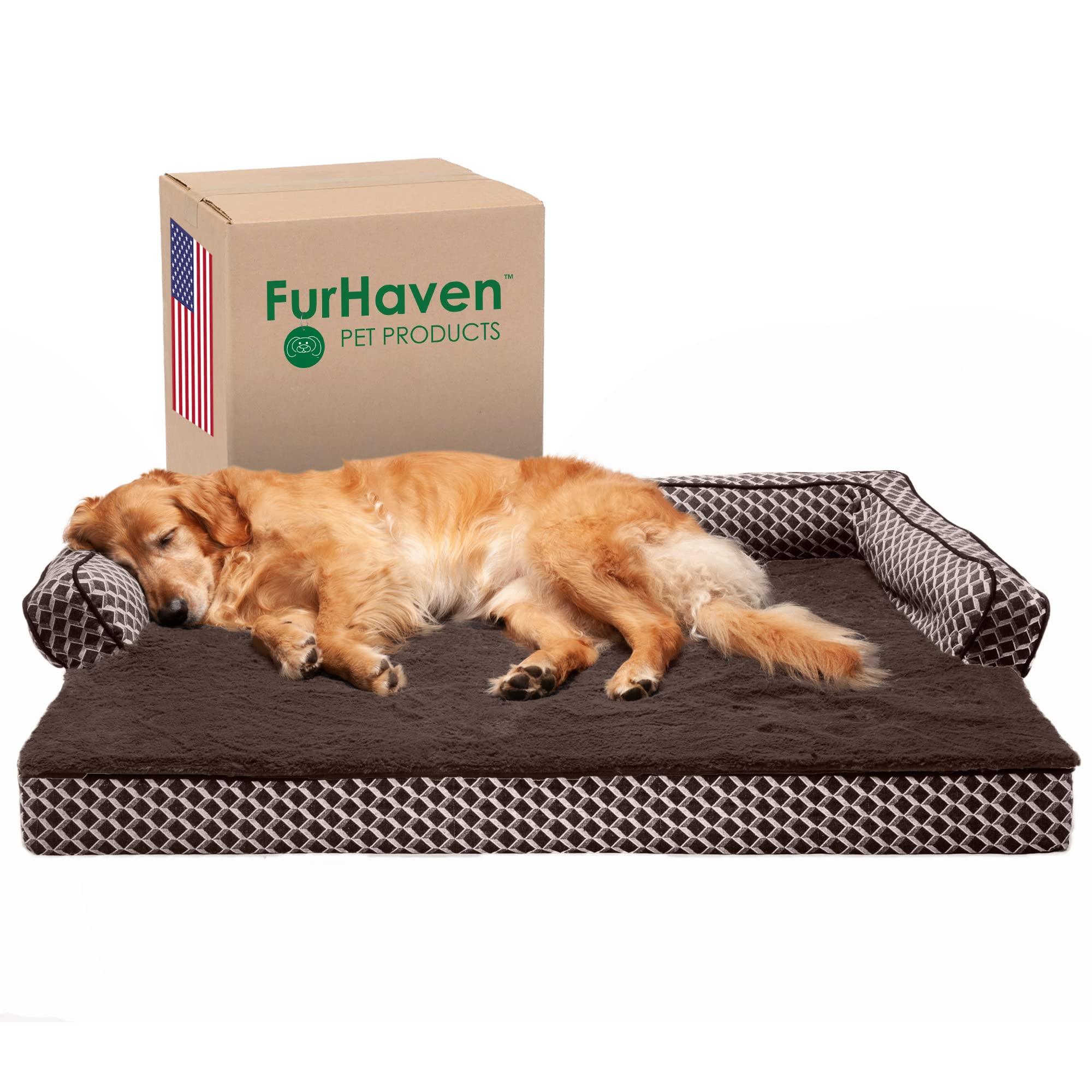 Furhaven XL Cooling Gel Foam Dog Bed - Orthopedic Memory Foam Pet Couch with Removable Washable Cover, Jumbo X-Large Size for Large Dogs - Diamond Brown | Perfect for Living Room, Bedroom & Pet-Friendly Spaces