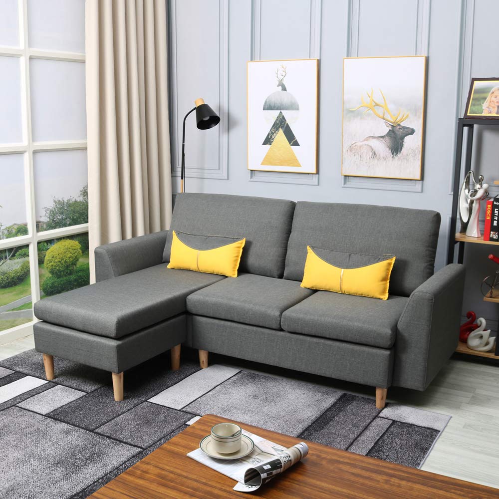 Modern L-Shaped Sectional Sofa with Reversible Chaise - Grey Linen Fabric Small Space Couch for Living Room, Apartment & Home Theater Seating
