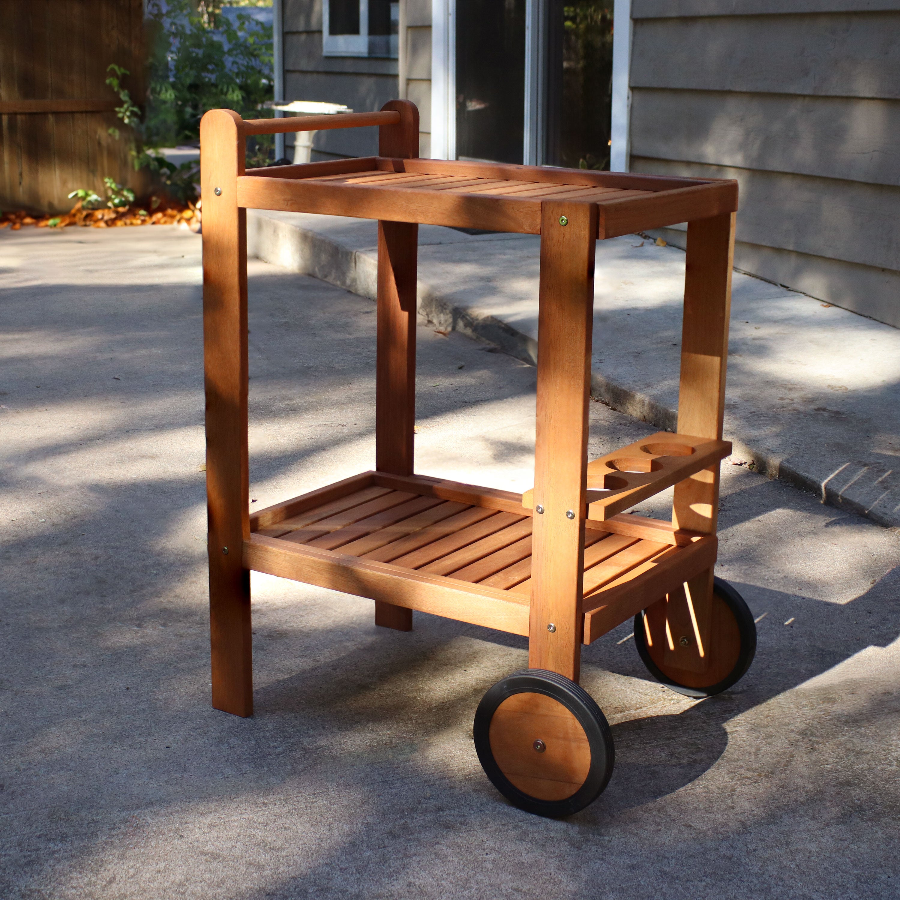 Sunnydaze Outdoor Wood Bar Cart with Wheels - Malaysian Hardwood Rolling Drink Cart for Patio, Garden, Poolside & Backyard Entertaining