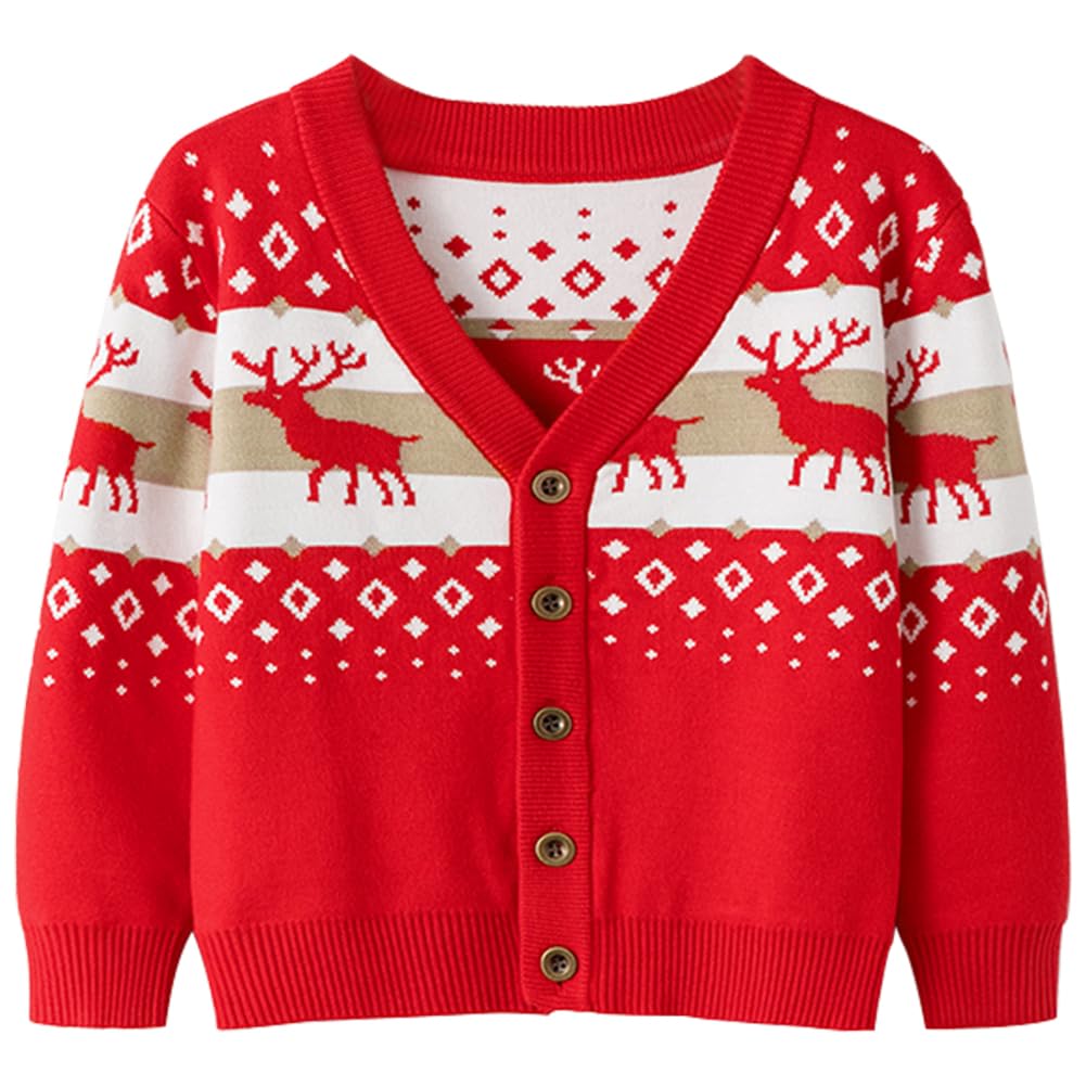 Christmas Reindeer Button-Up Cardigan Sweater for Kids Ages 2-7 | Cozy Holiday Pullover for Family Photos & Winter Celebrations