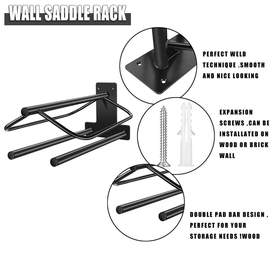 4 Sets Heavy Duty Wall Mounted Saddle Rack Stand with Double Pad Bar - 23.8x12.6x7.5 Inches for English & Western Saddles - Perfect for Stable, Barn, or Equestrian Center Organization