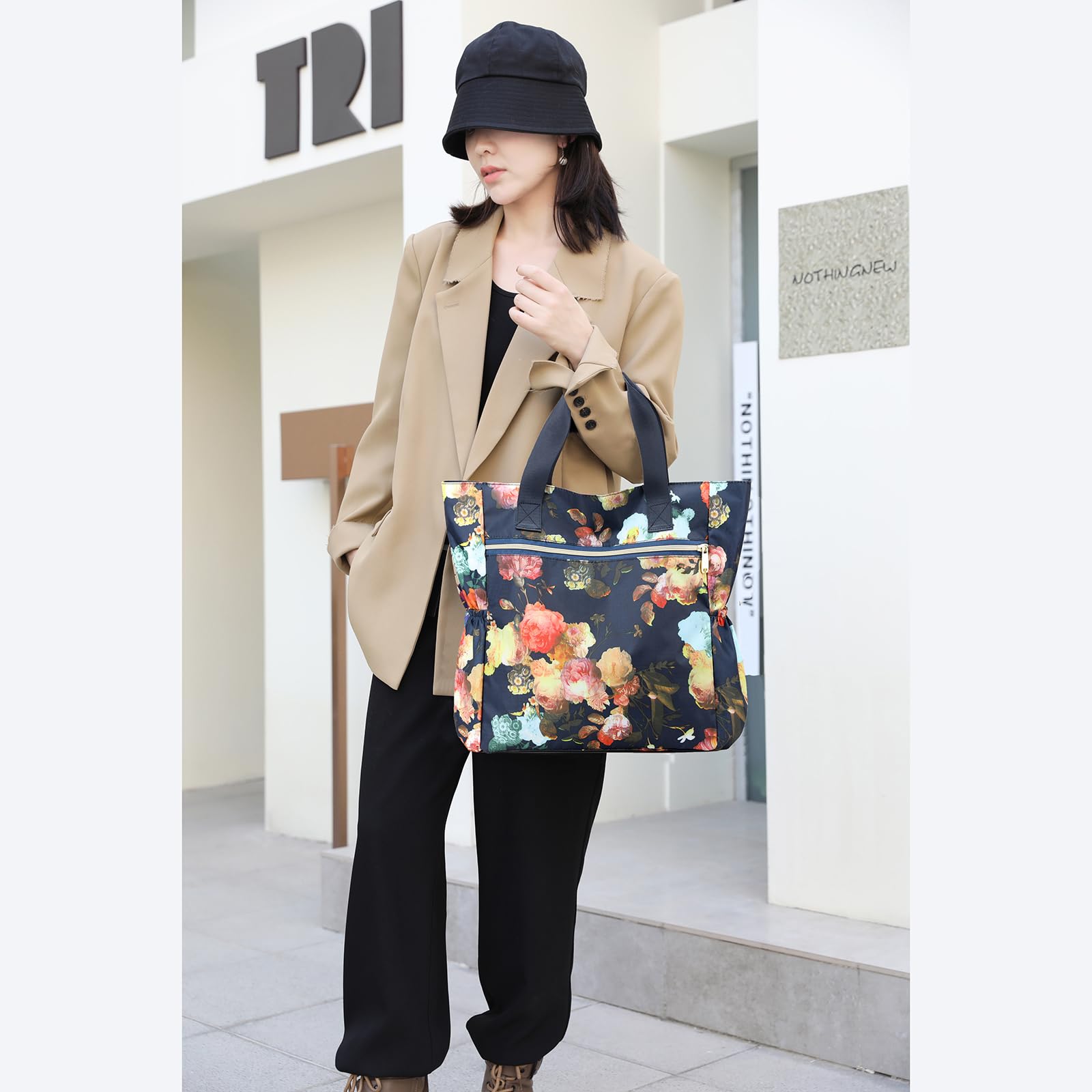Stylish Large Nylon Tote Bag for Women - Floral Print Shoulder Handbag with Top Handle - Perfect for Travel, Work & Everyday Use