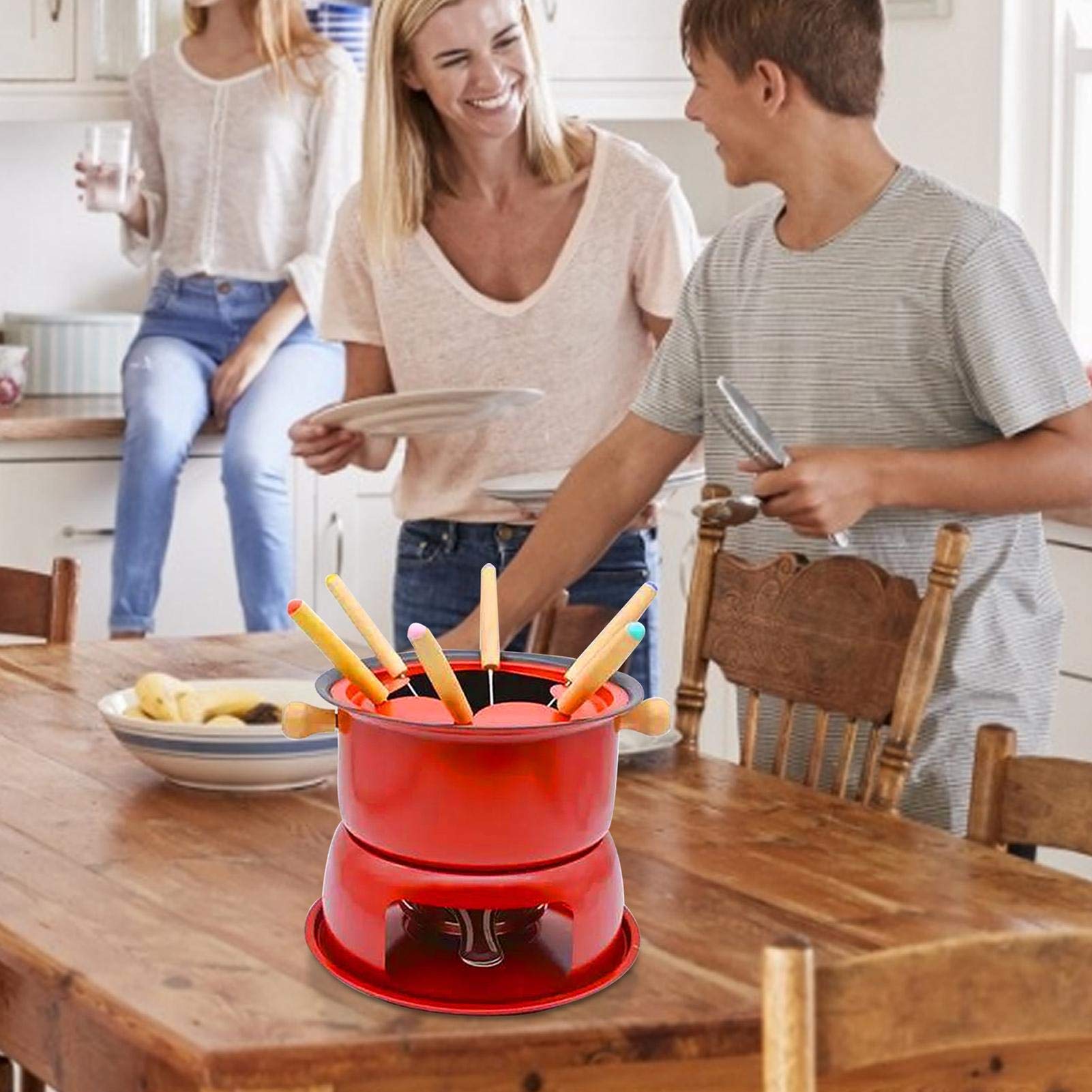 Premium Cast Iron Fondue Set - 6-Piece Multifunctional Steel Pot for Melting Cheese, Chocolate, Meat Broth & Ice Cream | Perfect for Parties, Family Gatherings & Romantic Dinners | Kitchen Accessories (Red)