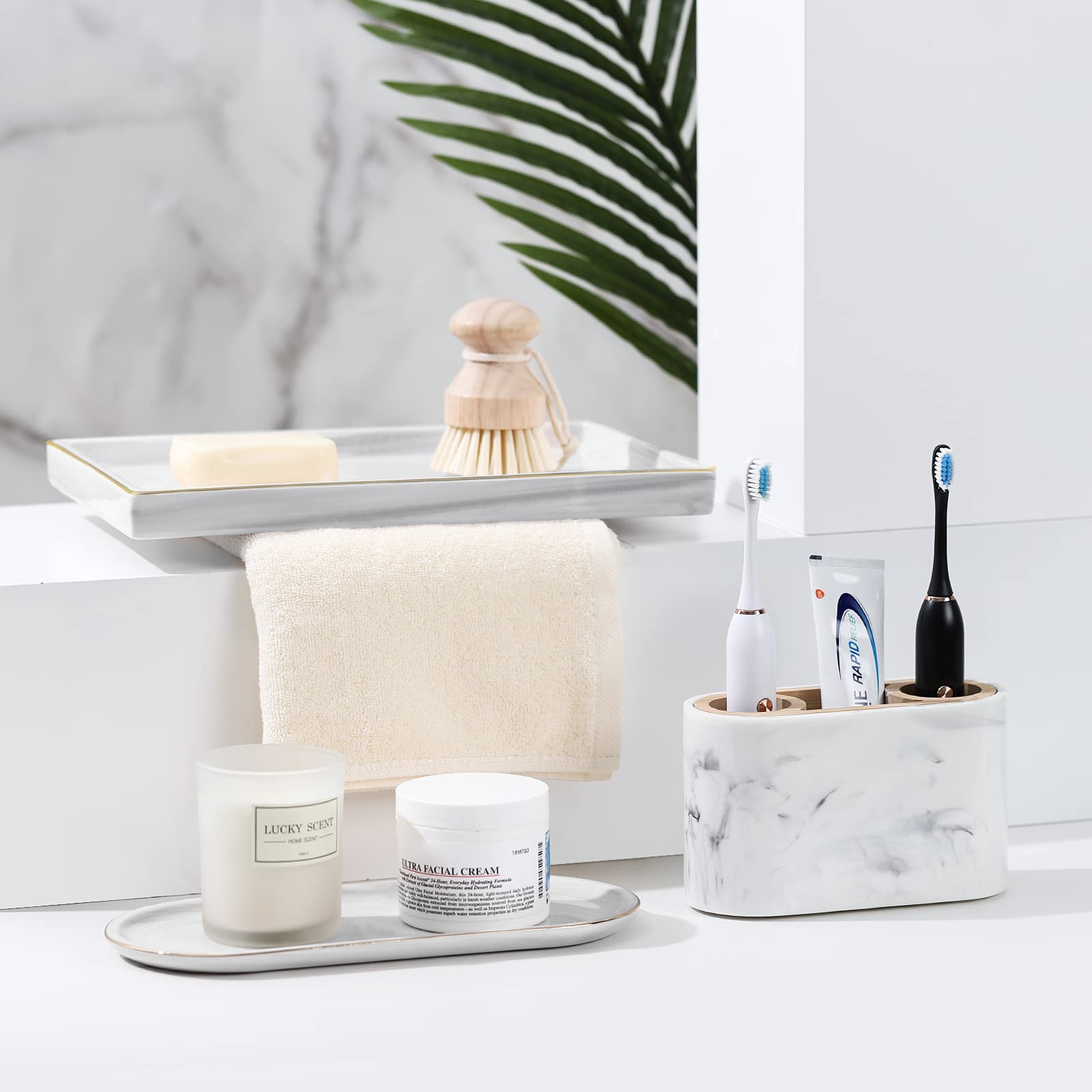 Shinowa Ceramic Vanity Tray - Marble Finish Rectangle Perfume & Jewelry Organizer for Bathroom Countertop, Dresser, Living Room & Kitchen - Large White Decorative Tray (Perfect for Organizing Fragrances, Cosmetics & Accessories)