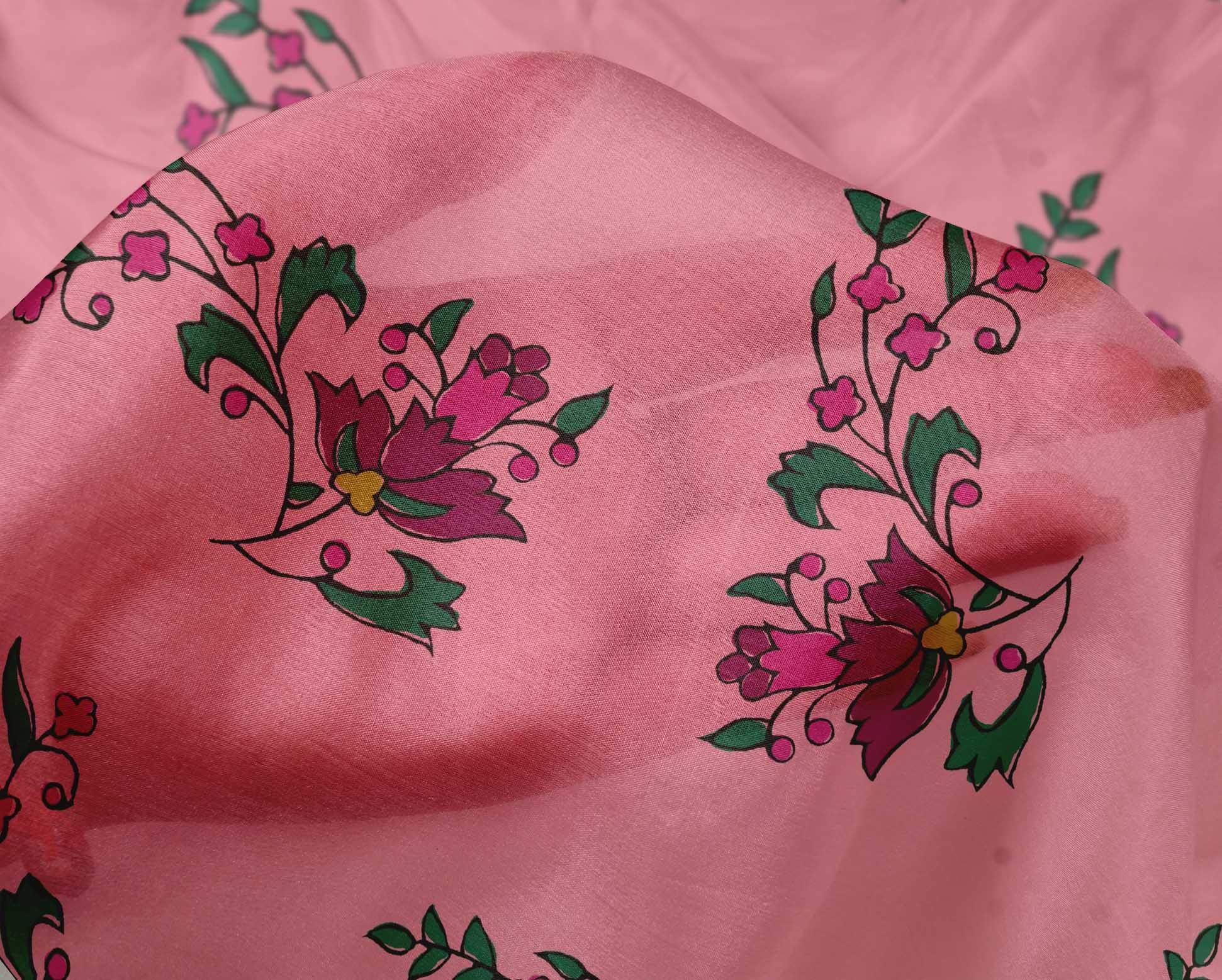 oneOone Silk Tabby Medium Pink Fabric - Floral & Leaves Print Dress Material - 42 Inches Wide by The Yard - Perfect for Dresses, Blouses, and DIY Sewing Projects