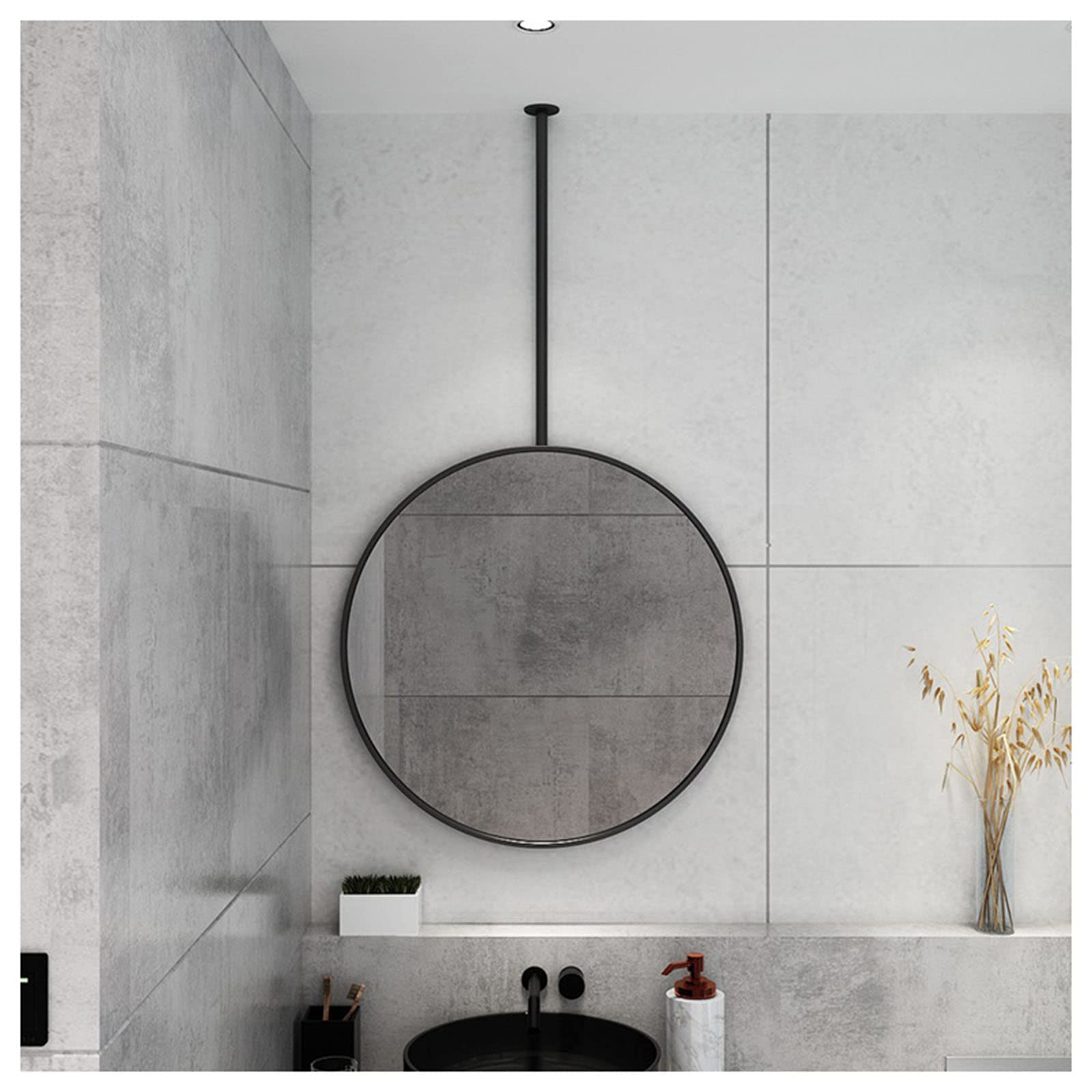 GAOHONGMEI 19.7 Inch Round Black Metal Frame Ceiling Hanging Mirror - Large Circular Bathroom Wall Mirror with Spire Mount - Decorative Home & Vanity Mirror for Modern Bathrooms, Bedrooms, and Entryways