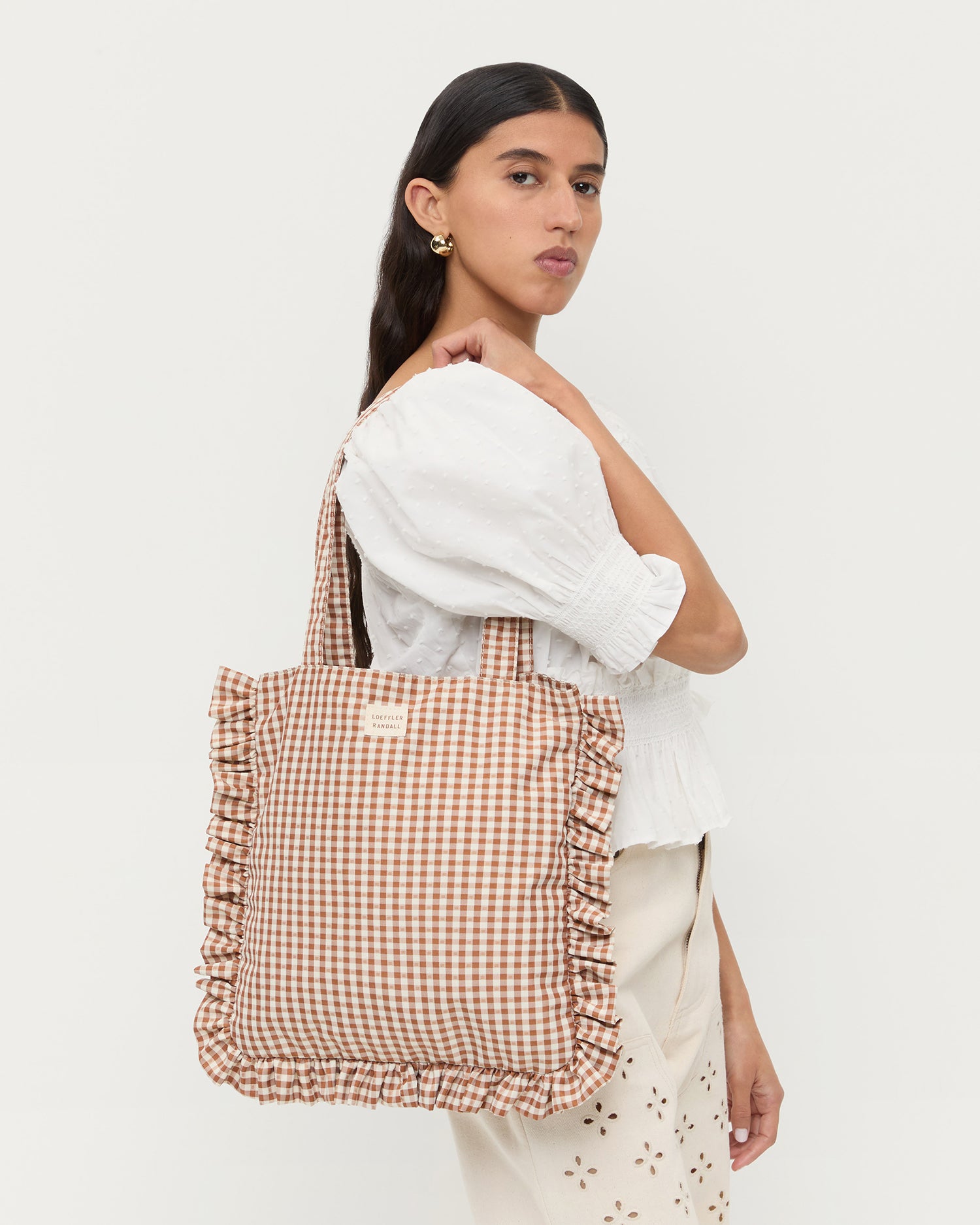 Justine Brown Gingham Ruffle Tote Bag - Stylish Cotton Canvas Beach Tote for Women - Perfect for Shopping, Travel & Picnics
