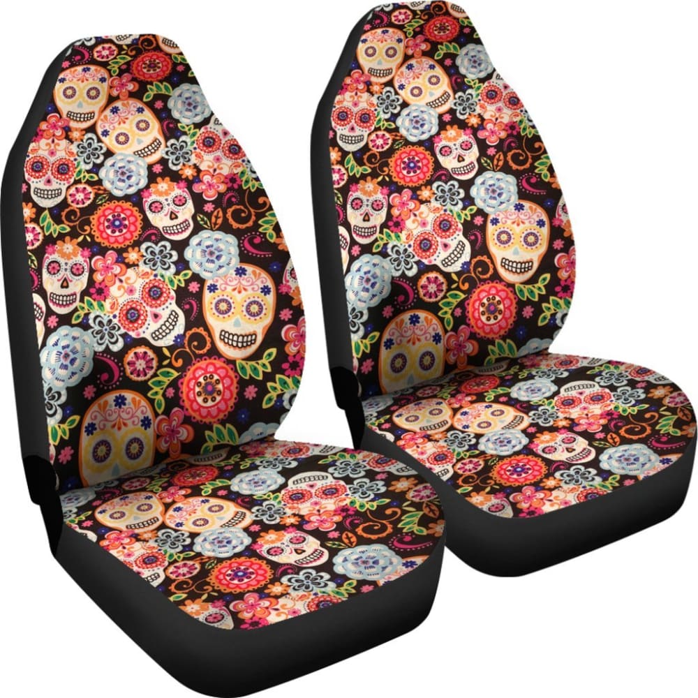 2 Pcs Sugar Skull Car Seat Covers - Durable & Stylish Mexican Sugar Skull Design for Cars, Trucks & SUVs - Perfect for Day of the Dead Decor, Halloween & Gothic Car Accessories