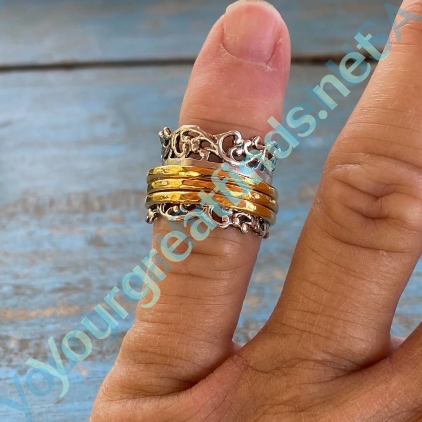 Sterling Silver Wide Spinner Ring for Women - Size 5 Adjustable Spinning Band - Stress Relief & Anxiety Fidget Jewelry - Perfect for Meditation, Relaxation and Everyday Wear
