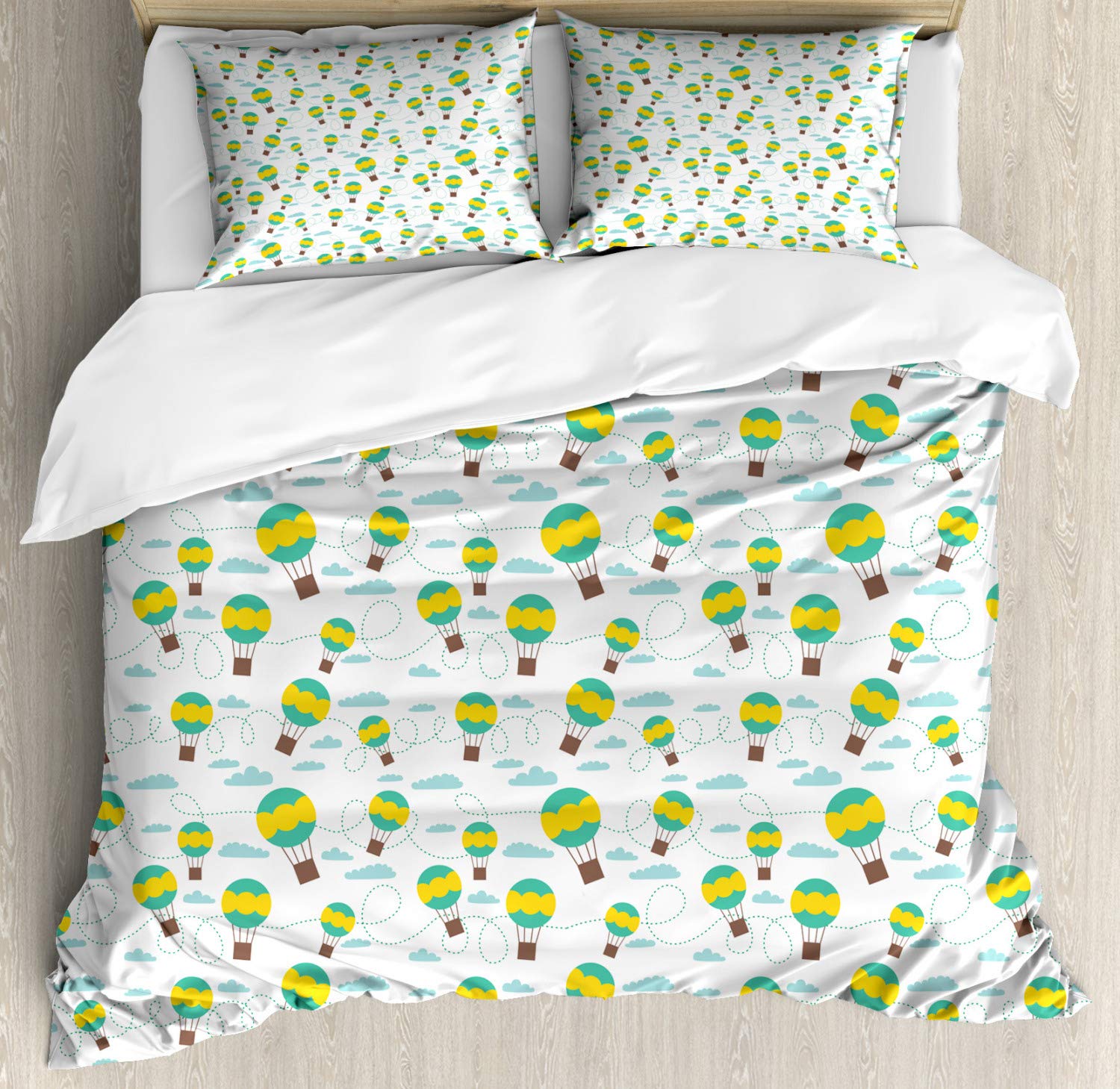 Ambesonne Balloon Duvet Cover Set - Cartoon Style Hot Air Balloons with Swirling Dashed Lines & Clouds, 3-Piece King Size Bedding Set (Duvet Cover + 2 Pillow Shams) in Teal & Mustard - Perfect for Kids' Rooms, Nursery Decor & Whimsical Bedroom Themes