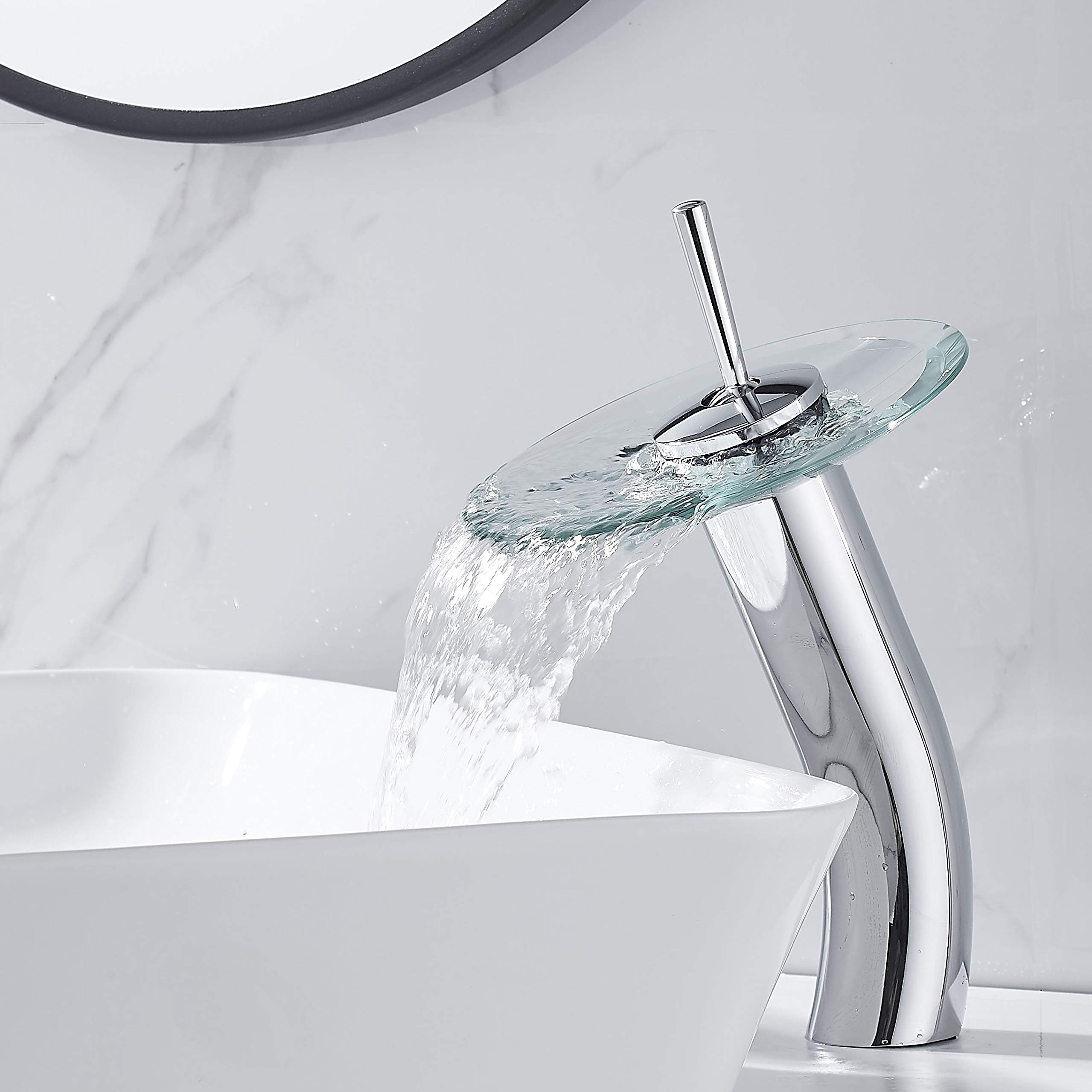 Premium Solid Brass Waterfall Bathroom Faucet - Single Handle Tall Vessel Sink Faucet with Glass Spout in Polished Chrome - Perfect for Modern Vanity & Luxury Bathroom Decor