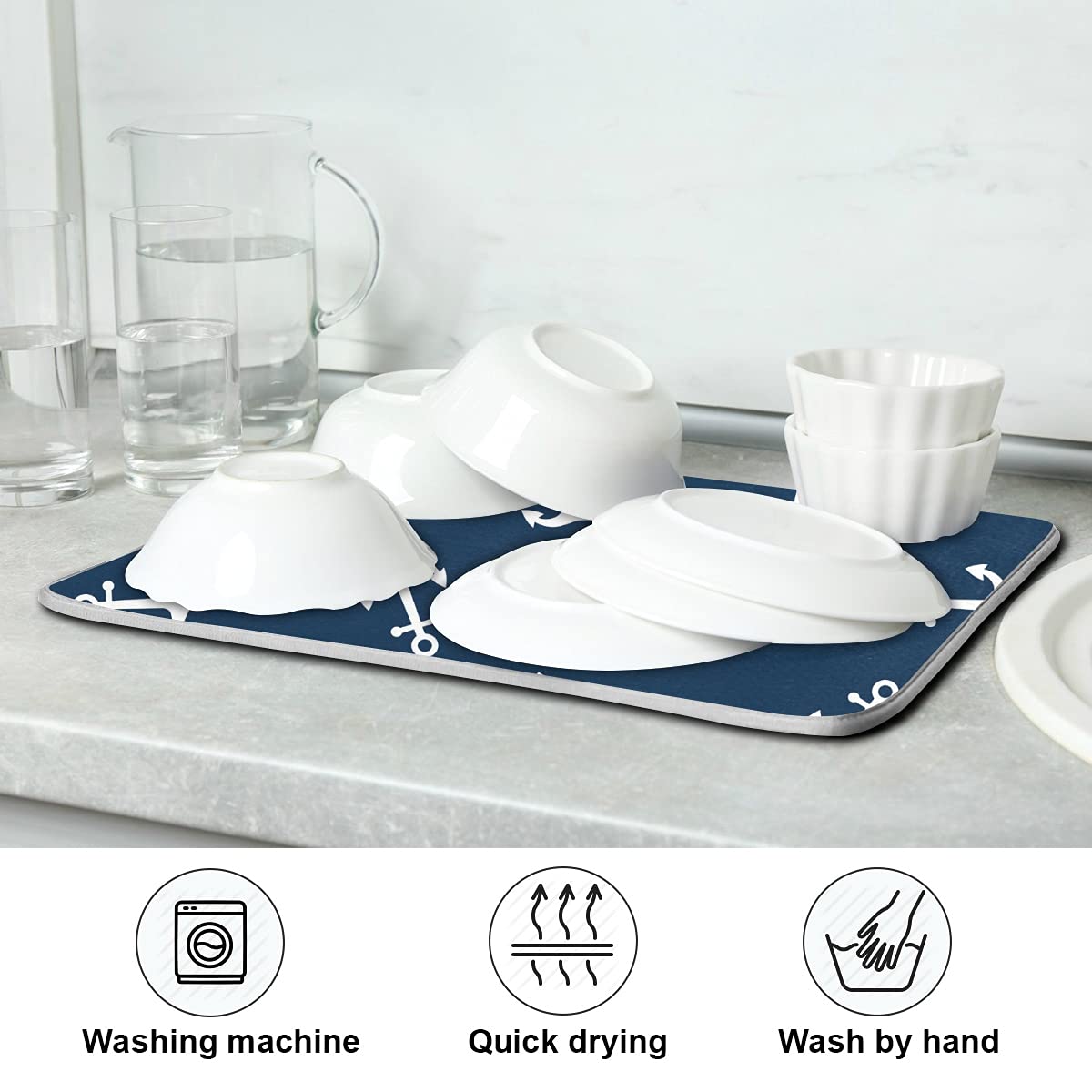 16x18 Marine Anchor Dish Drying Mat - Super Absorbent Kitchen Dish Drainer Pad | Fast Dry Non-Slip Kitchen Mat for Sink Countertop, RV & Boat Use