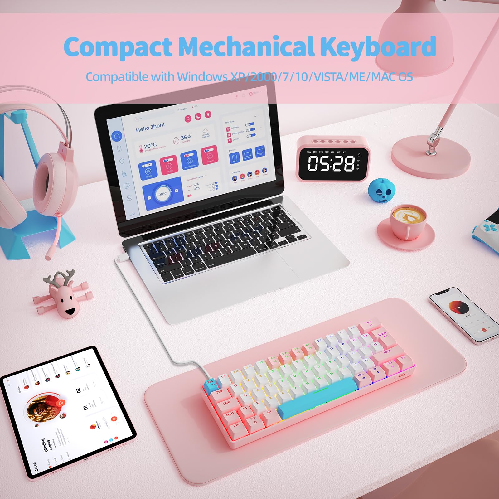 60% UK Gaming Mechanical Keyboard - Blue Switches, RGB Backlight for PC/Laptop (Pink White) - Compact Office & Gaming Use