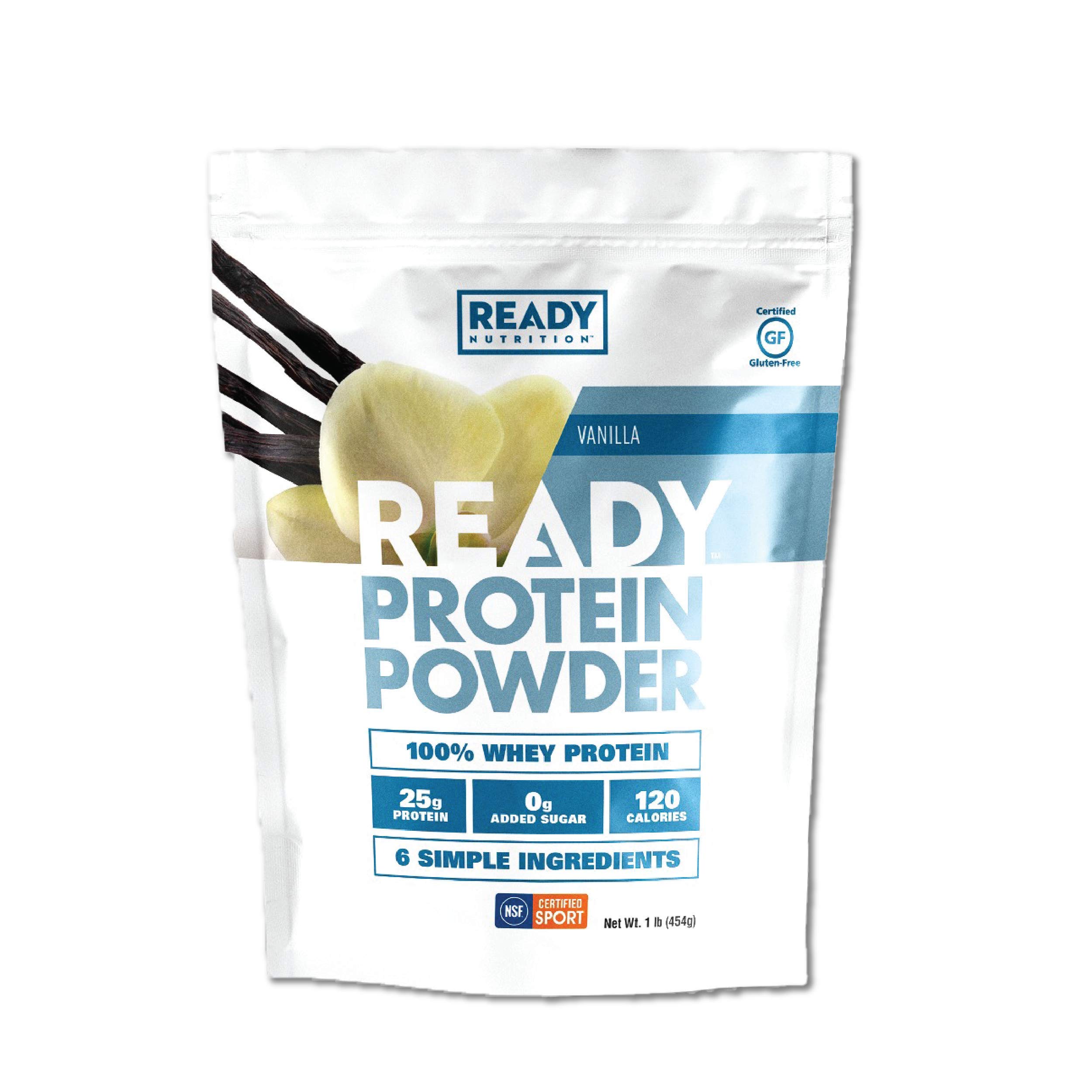 Ready® Whey Protein Powder - 25g Protein, 120 Calories, 0g Added Sugar - 7 Simple Ingredients - No Artificial Additives - Gluten-Free & Natural - Vanilla Flavor (1 Pound Bag) - Perfect for Post-Workout Recovery & Healthy Smoothies