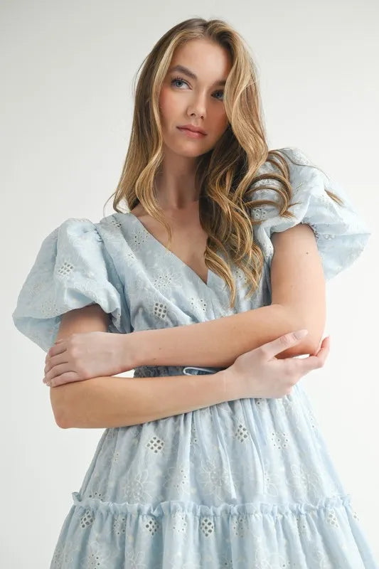 Light Blue Puff Sleeve V-Neck Midi Summer Dress - Flowy Casual Sundress for Beach, Vacation & Date Night