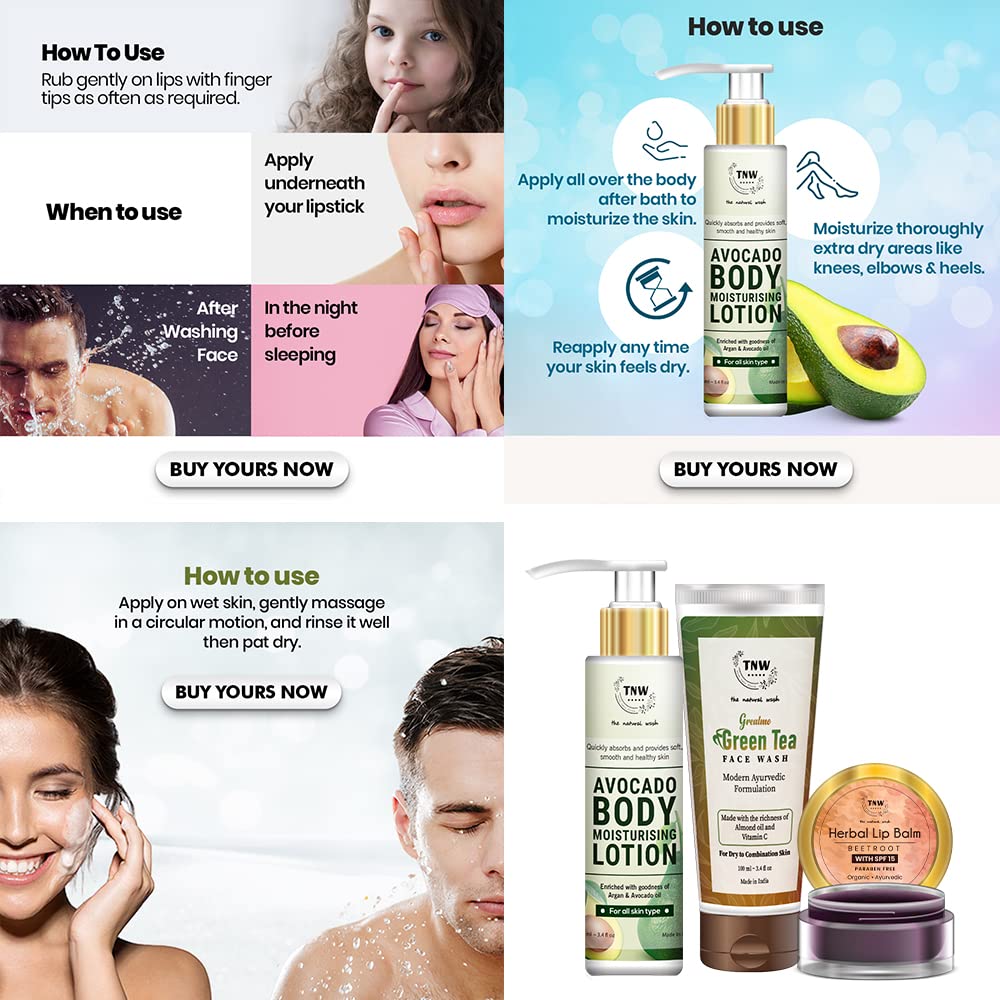TNW Natural Hand & Foot Cream, Green Tea Face Wash & Avocado Body Lotion - Ultra Hydrating & Soothing Skincare Set for Dry Skin - Perfect for Daily Moisturizing, Spa Days & Travel Essentials