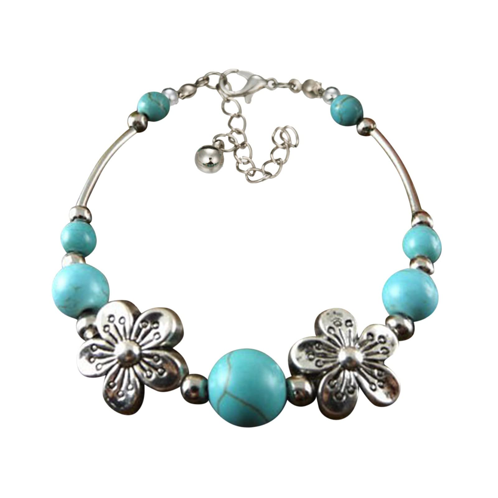 Genuine Natural Turquoise Bracelet for Women & Men - Adjustable Peach Flower Yoga & Chakra Bracelet with Blue Gemstone - Unisex Spiritual Jewelry for Meditation, Yoga & Everyday Wear (One Size)