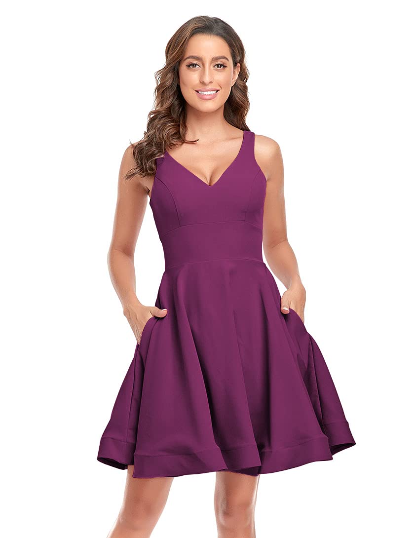 Homdor V-Neck Satin Short Homecoming Dresses for Teens - Stretchy A-Line Prom Dress with Pockets for Cocktail Parties, Dances & Special Occasions